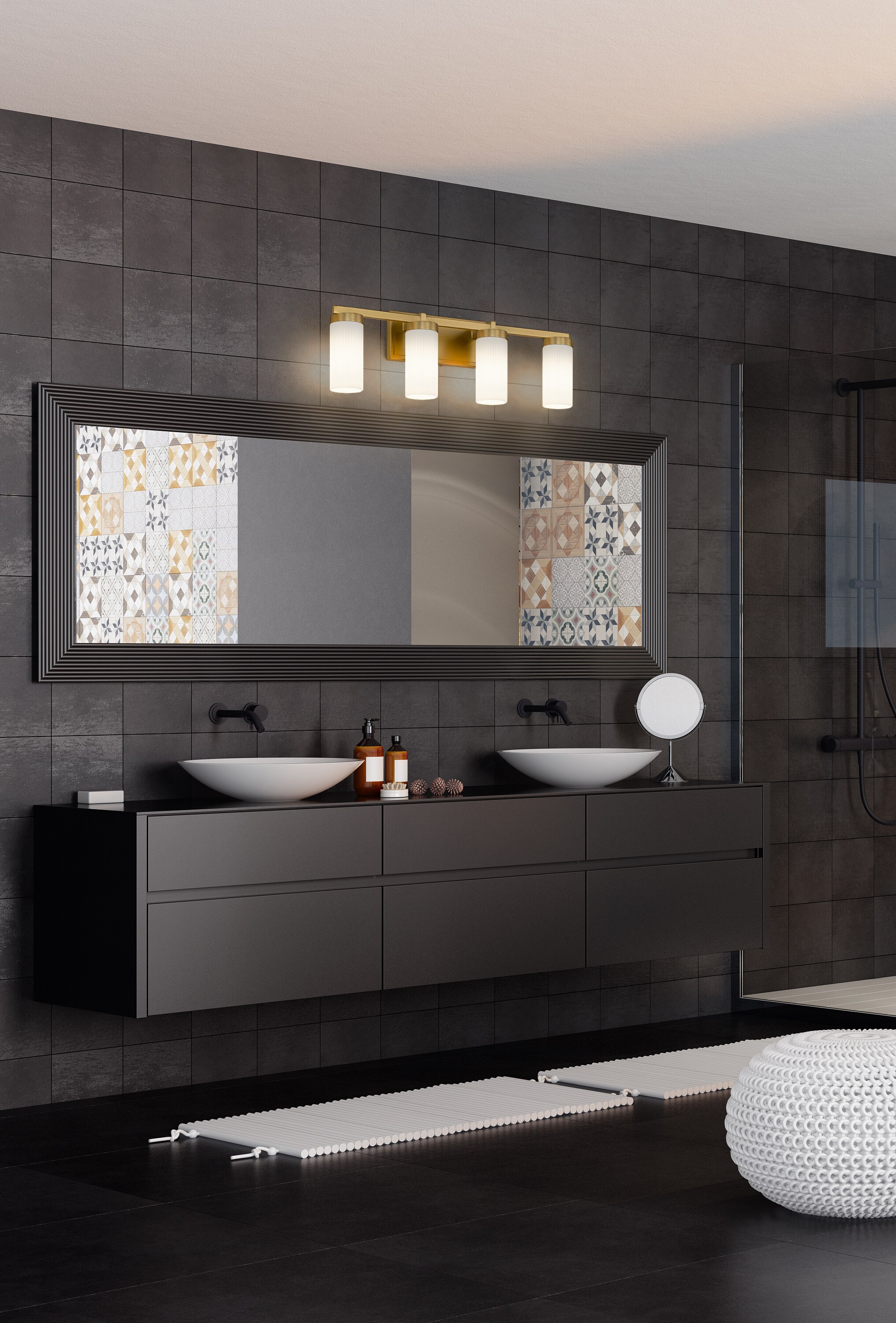 Modern Gold Vanity Light with Frosted White Glass Shades