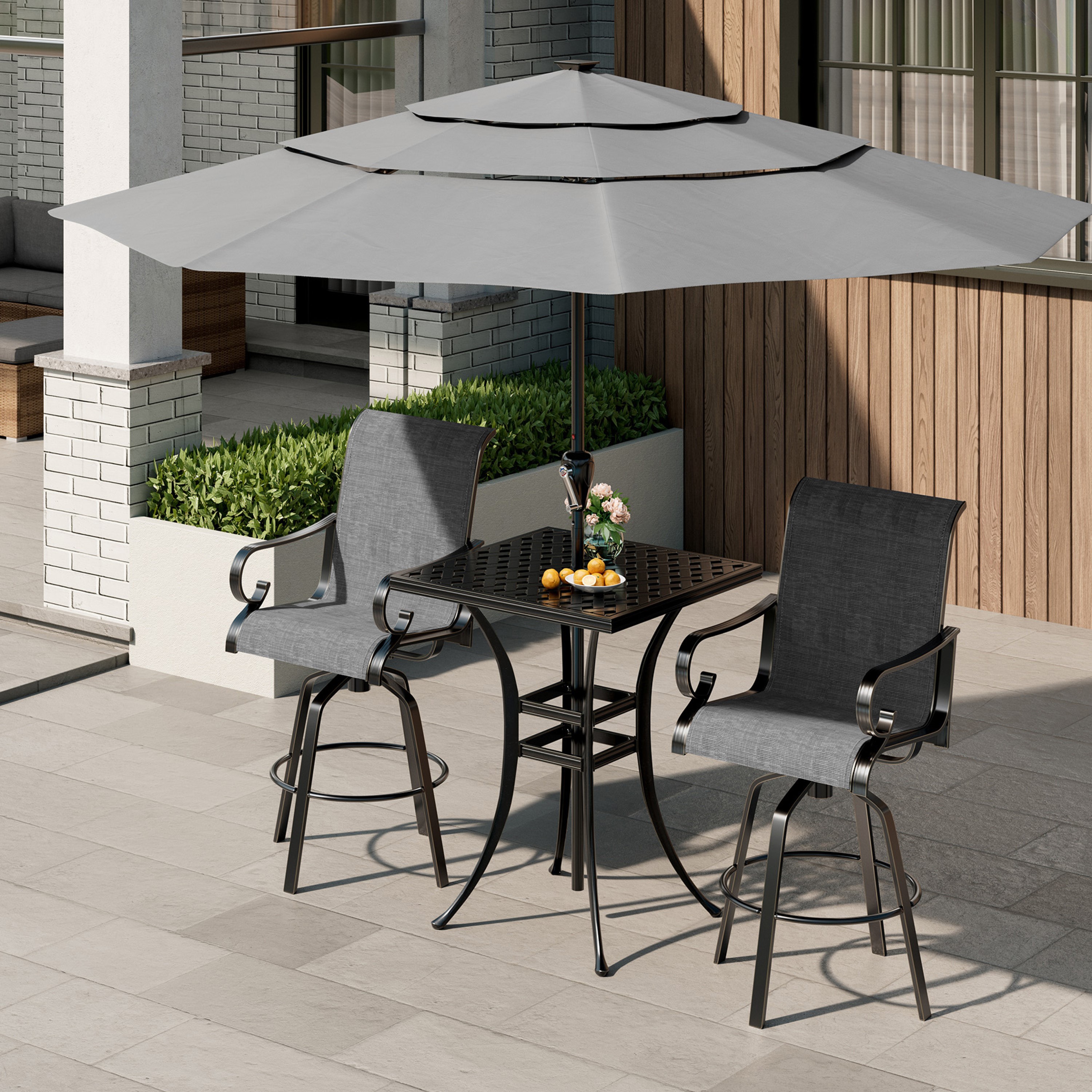 Mondawe OR-SH-030DAA-TM Aluminum Bar 3 -Piece Black Bar Height Patio Dining Set Aluminum Square Table with 2 Gray Swivel Chairs