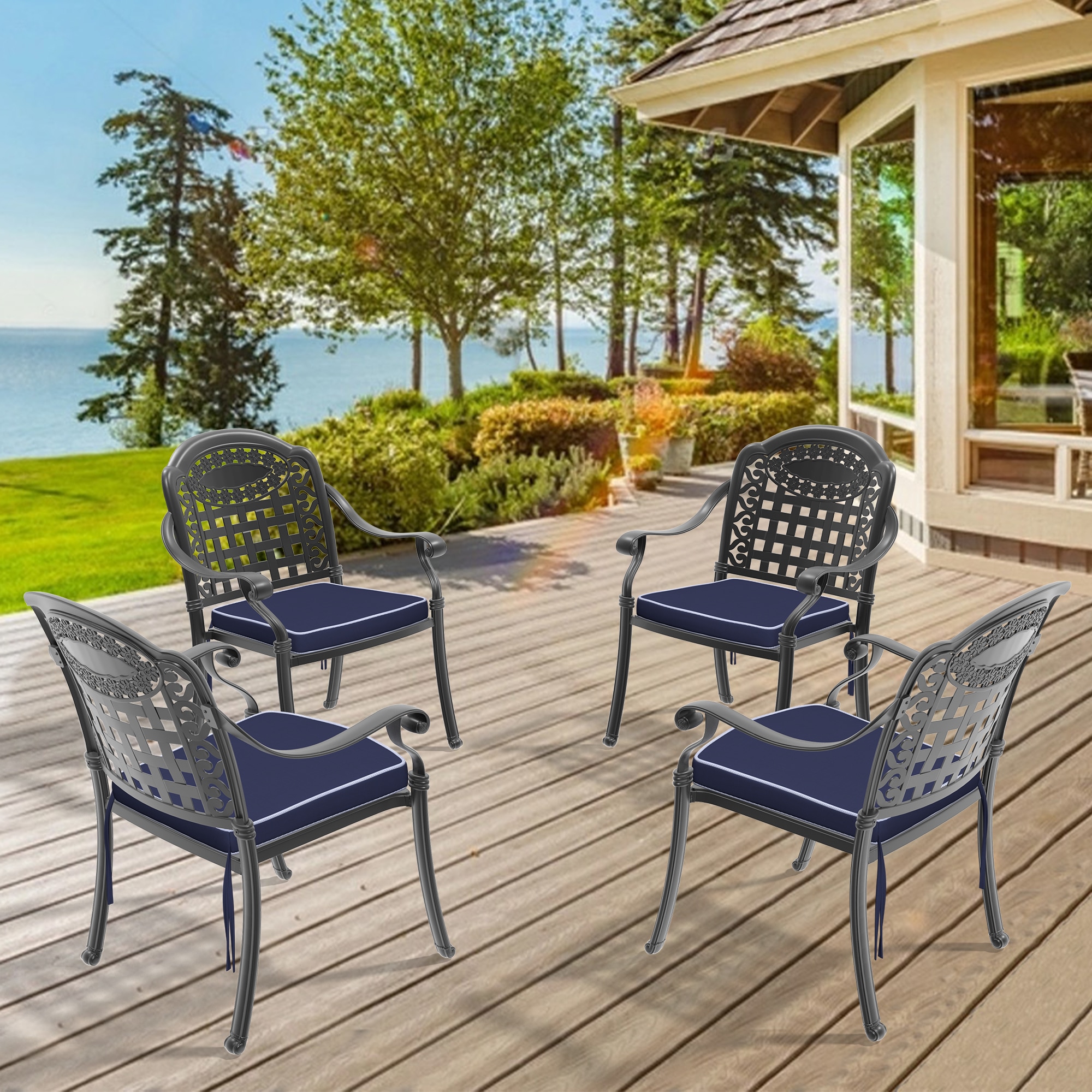 nicesure CSLBK6012CZ4RC Dining Chairs Set of Stackable Black Stationary Conversation Chair with Blue Cushioned Seat