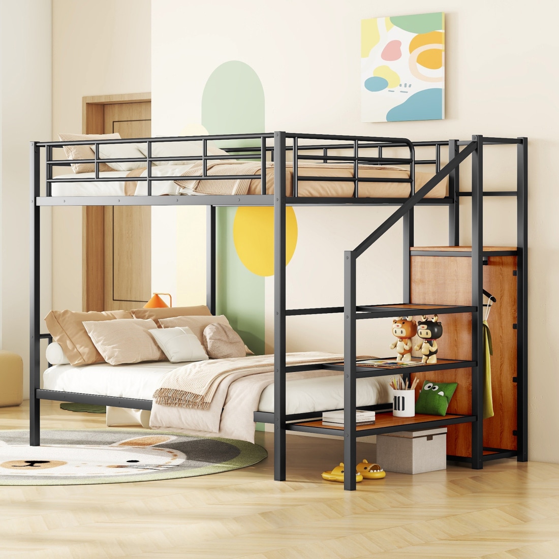 CHITA Full Over Full Metal Bunk Bed with Lateral Storage Ladder and Wardrobe Black Contemporary Build Space Saving Crafted