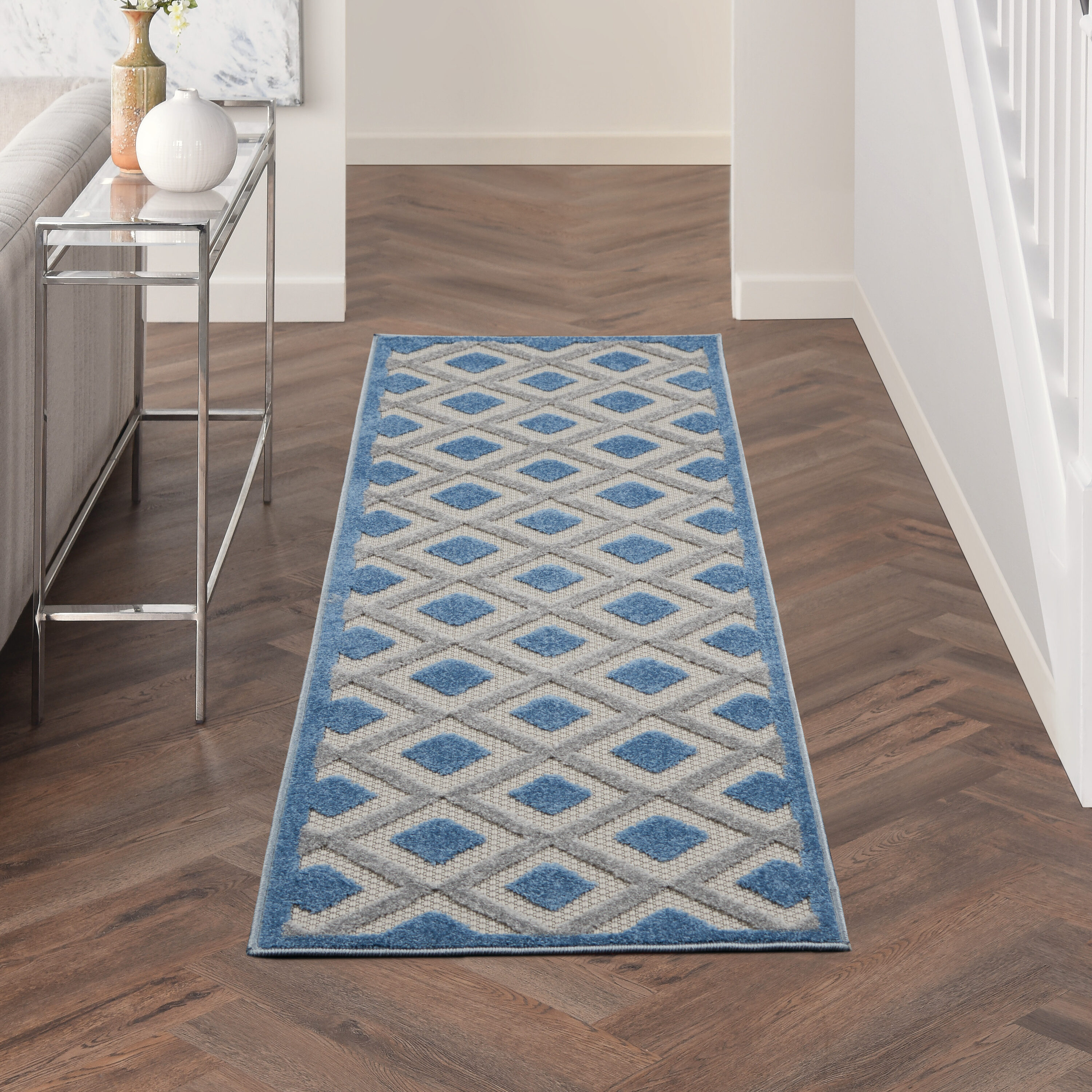 Nourison 99446829177 Aloha 2 x 8 (ft) Loomed Polypropylene Blue/Grey Rectangular Indoor/Outdoor Geometric Runner rug