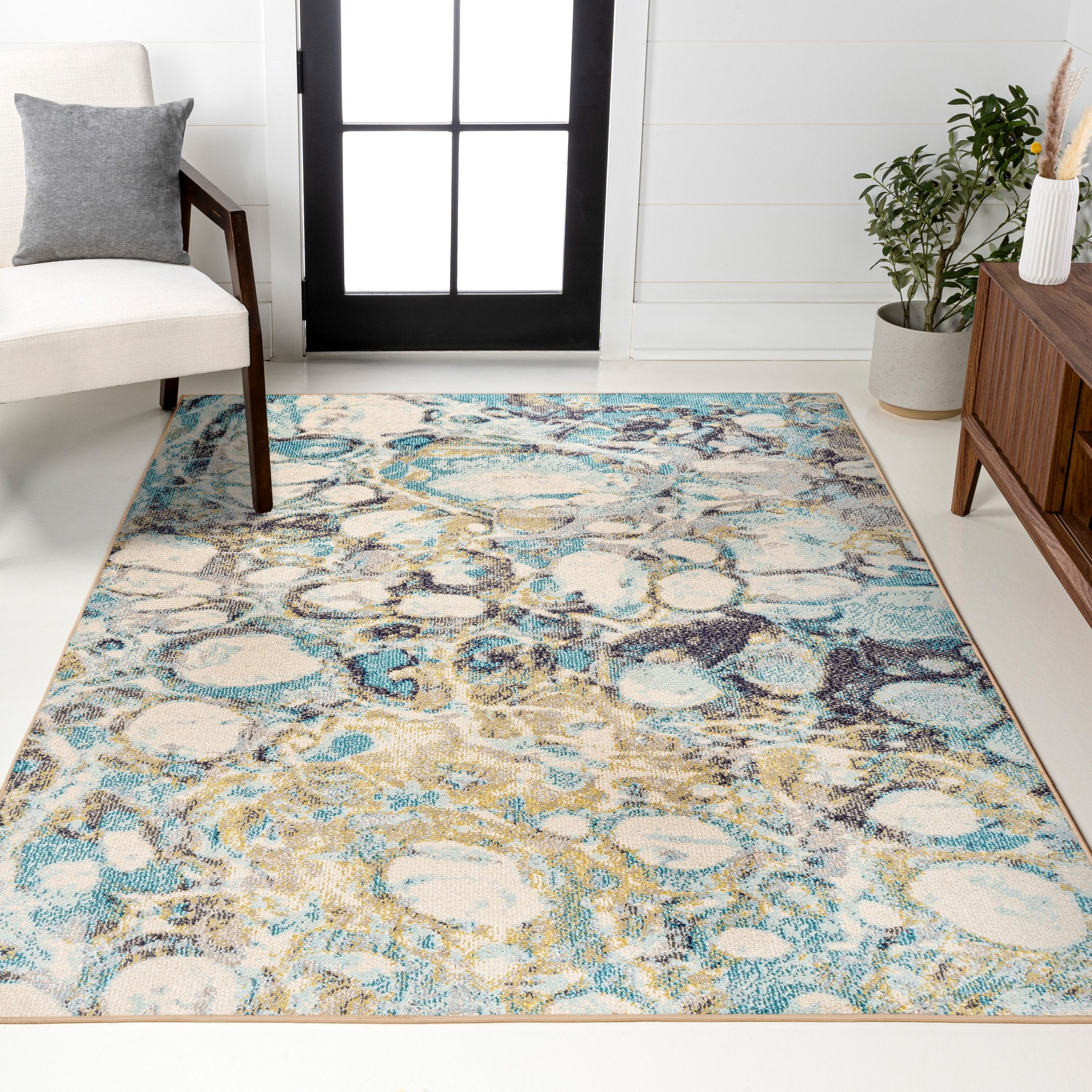 JONATHAN  Y CTP113B-3 CONTEMPORARY POP Pebble Marbled Abstract 3 x 5 (ft) Loomed Blue/Beige Rectangular Indoor Abstract Vintage Pet Friendly Area rug