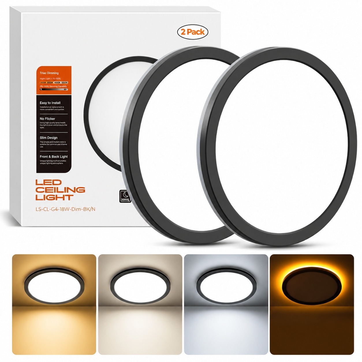 CYIKE  2Pack Dimmable Flush Mount Ceiling Light Fixture with Night Light 18W 3000K 4000K 5000K LED Low Profile Black Round 8.7inch