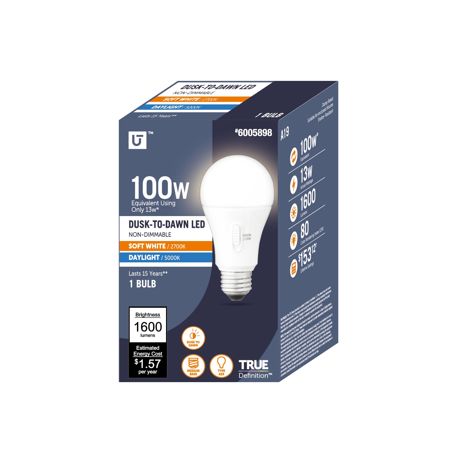 Utilitech YGA03C80-13W-2CCT Dusk-to-Dawn 100 -Watt EQ A19 Soft white E26 LED General purpose Light Bulb