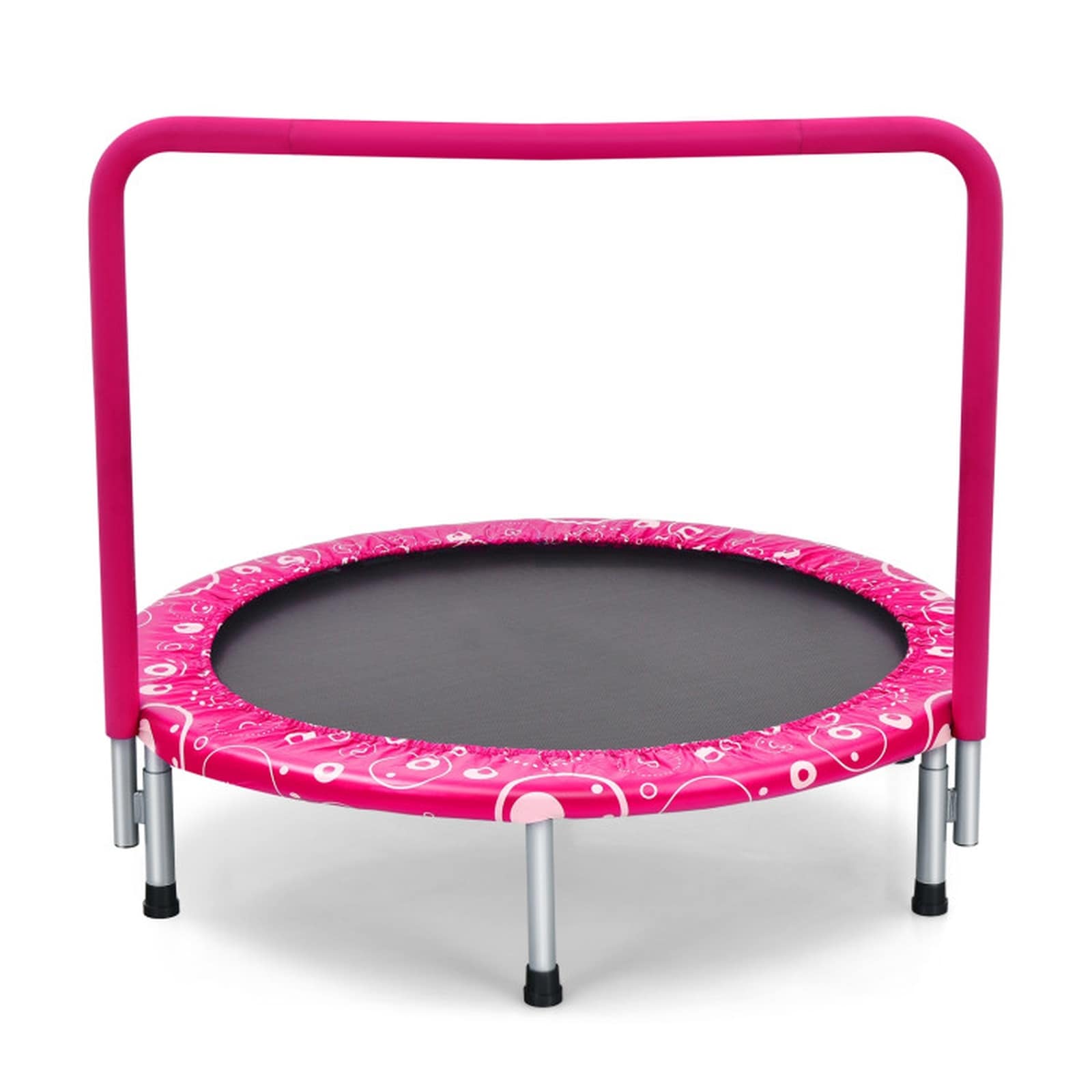 SUGIFT 36-in dia Mini Kids Trampoline Rebounder with Full-Covered Foam Handrail and Removable Handle 330-lb Capacity 30 Bungee Cords Anti-Slip Foot Pads Foldable Rust-Resistant Steel Frame for Indoor Outdoor Toddler Active Play Ages 3 to 10 - Pink