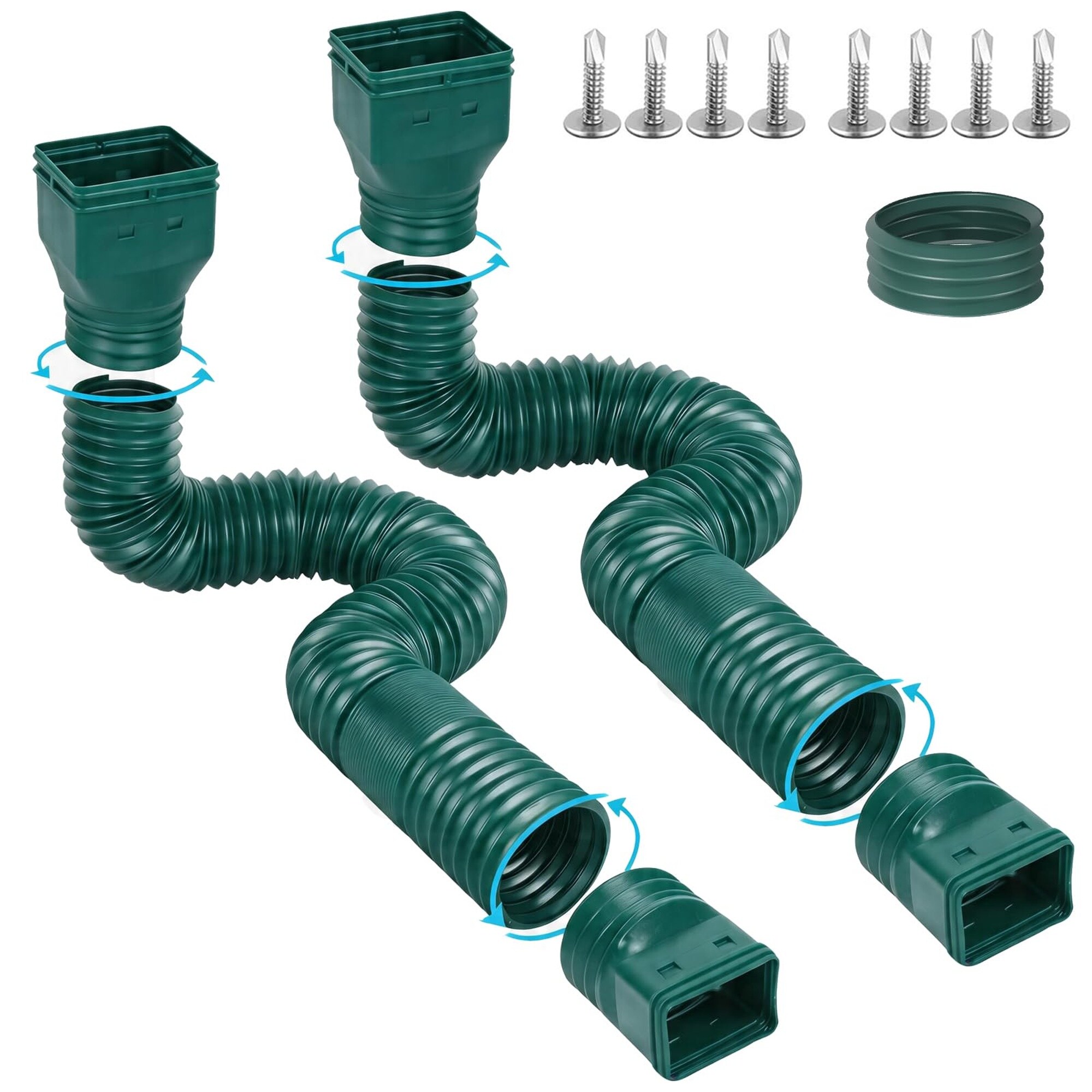 Angel Sar 2 Pack Green Flexible Rain Gutter Downspout Extensions Extendable 58 66 Inches Down Spout Drain Extension Pipes for Rainwater Drainage