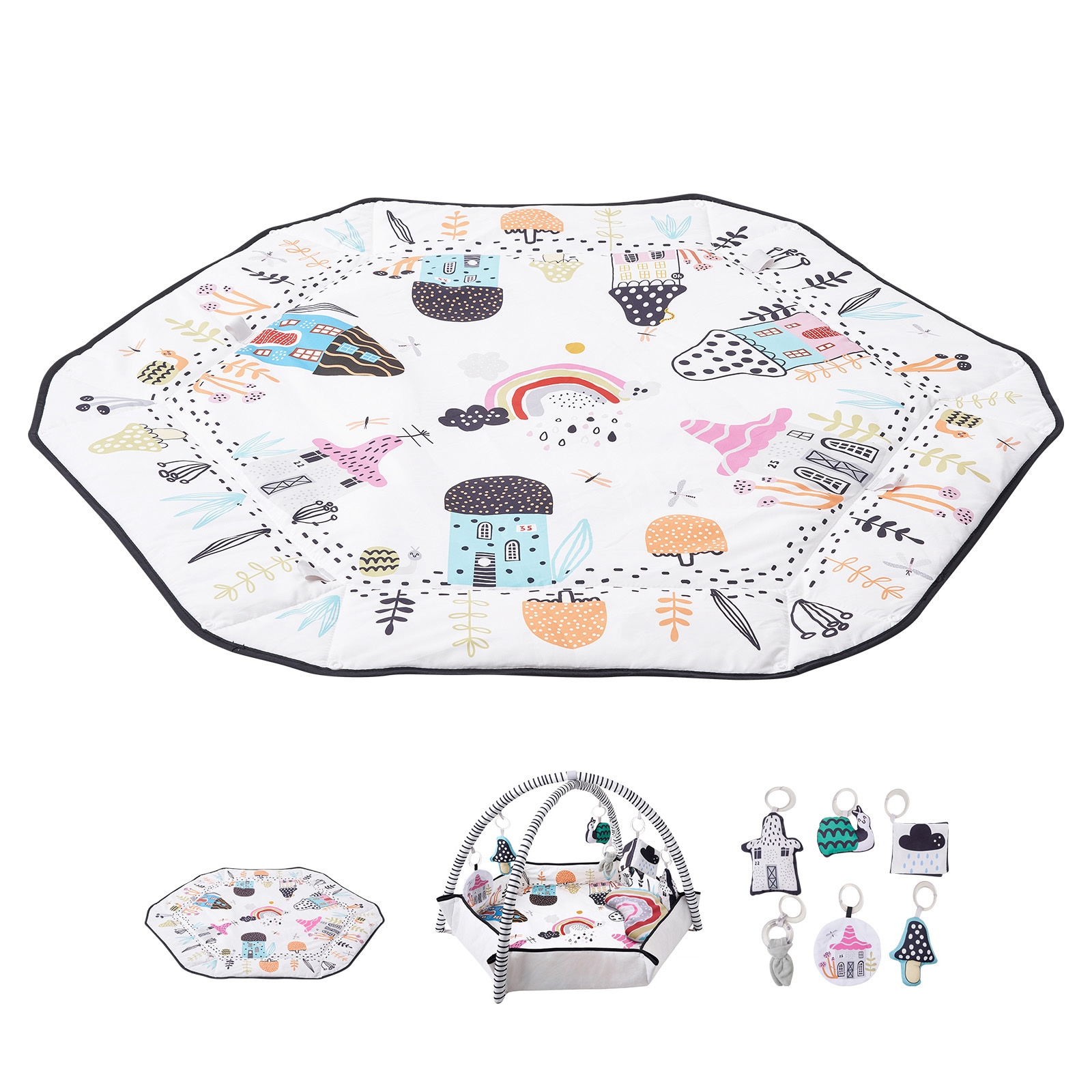 VEVOR 41.7" x 41.7" Baby Play Mat with Foldable Surround, 6 Sensory Toys, Soft Tummy Time Mat for Infants, Baby Activity Gym with Tummy Pillow, Safe Play Area for Baby