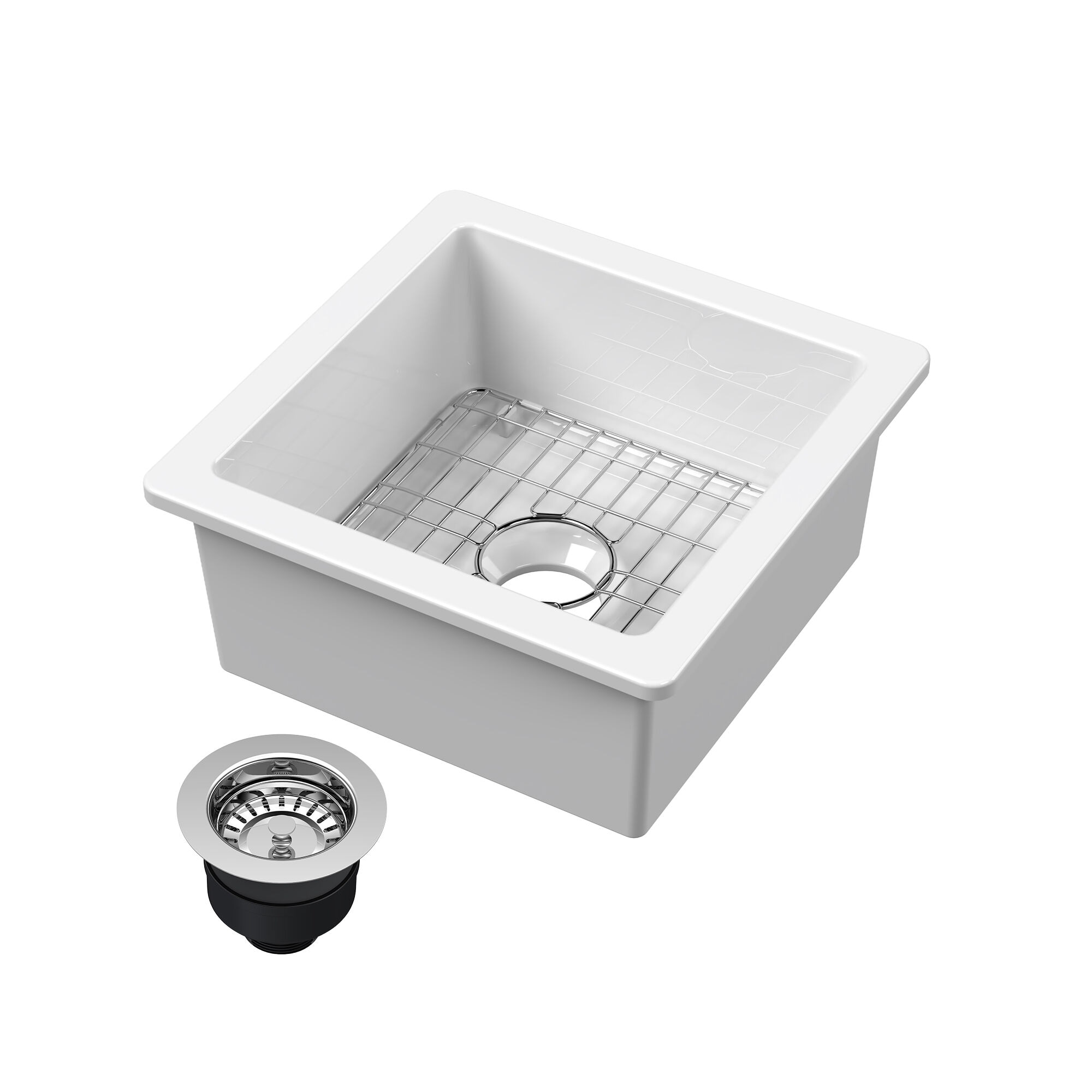 nuie Undermount Kitchen Sink 18-in x 18-in x 8-in Fireclay Single Bowl Kitchen Sink with Wire Grid Drainer and Chrome Drain #15118GLSSW
