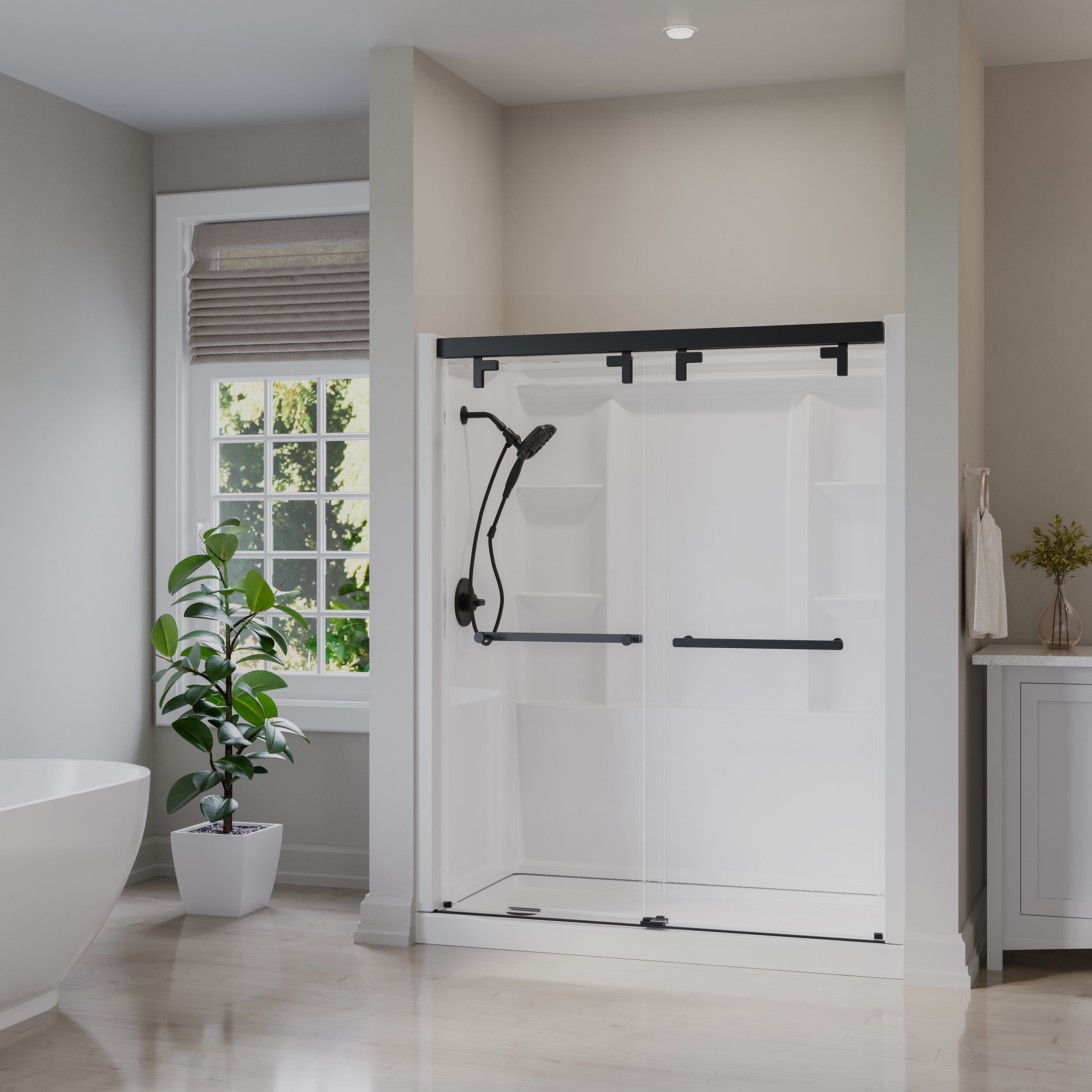 Delta   EverEdge 60-in W x 32-in D x 72-in H High Gloss White 3 -Piece Direct to Stud Alcove Shower Wall Surround With Left Drain Shower Pan Base and Matte Black 53-in to 60-in W x 72.99-in H Frameless Clear Glass Sliding Shower door