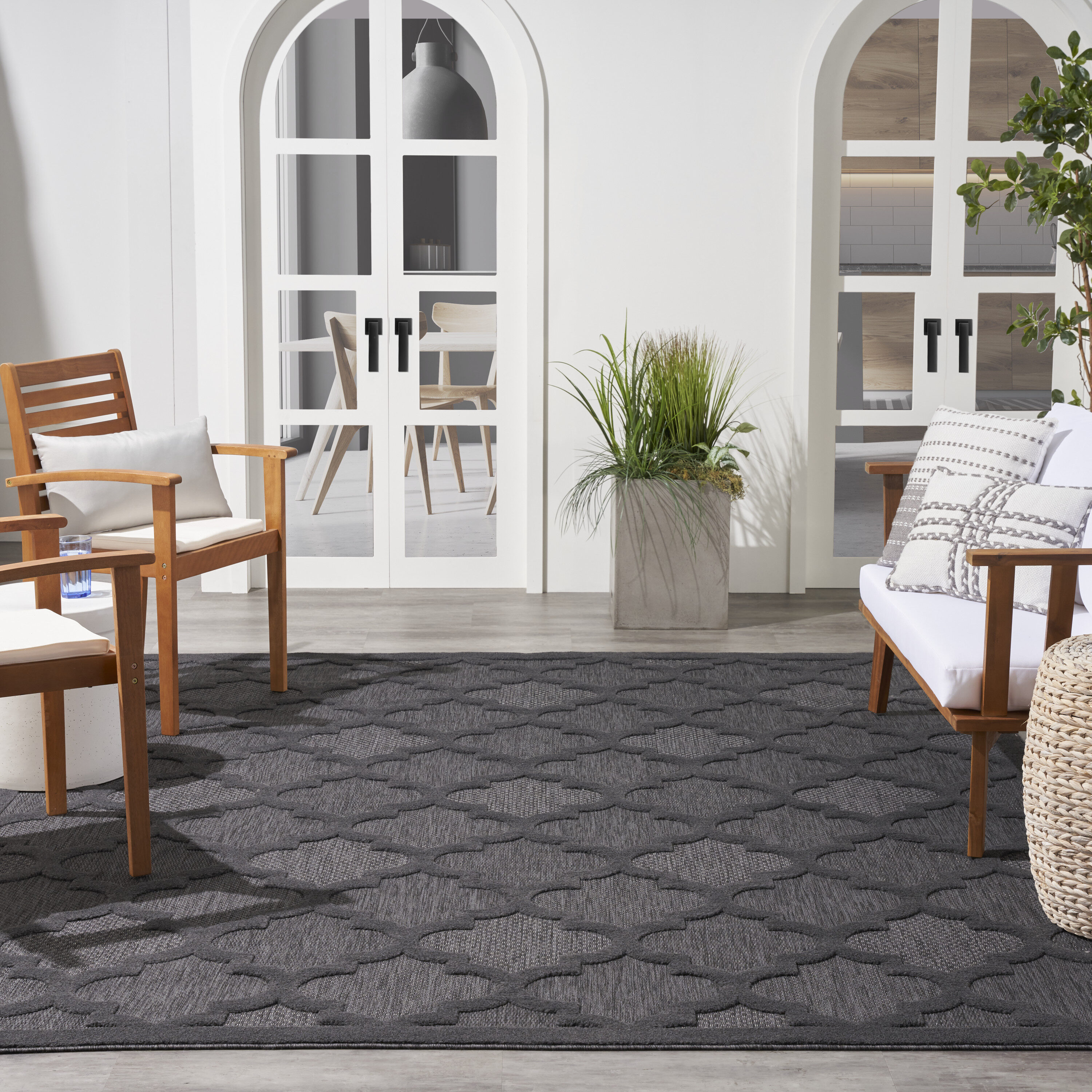 Charcoal Black Moroccan Trellis 7' x 10' Flatweave Area Rug