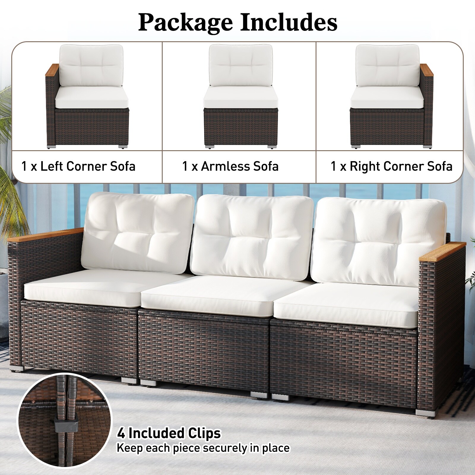 Volenca 3-Seat PE Wicker Patio Conversation Sofa with Acacia Armrests ...