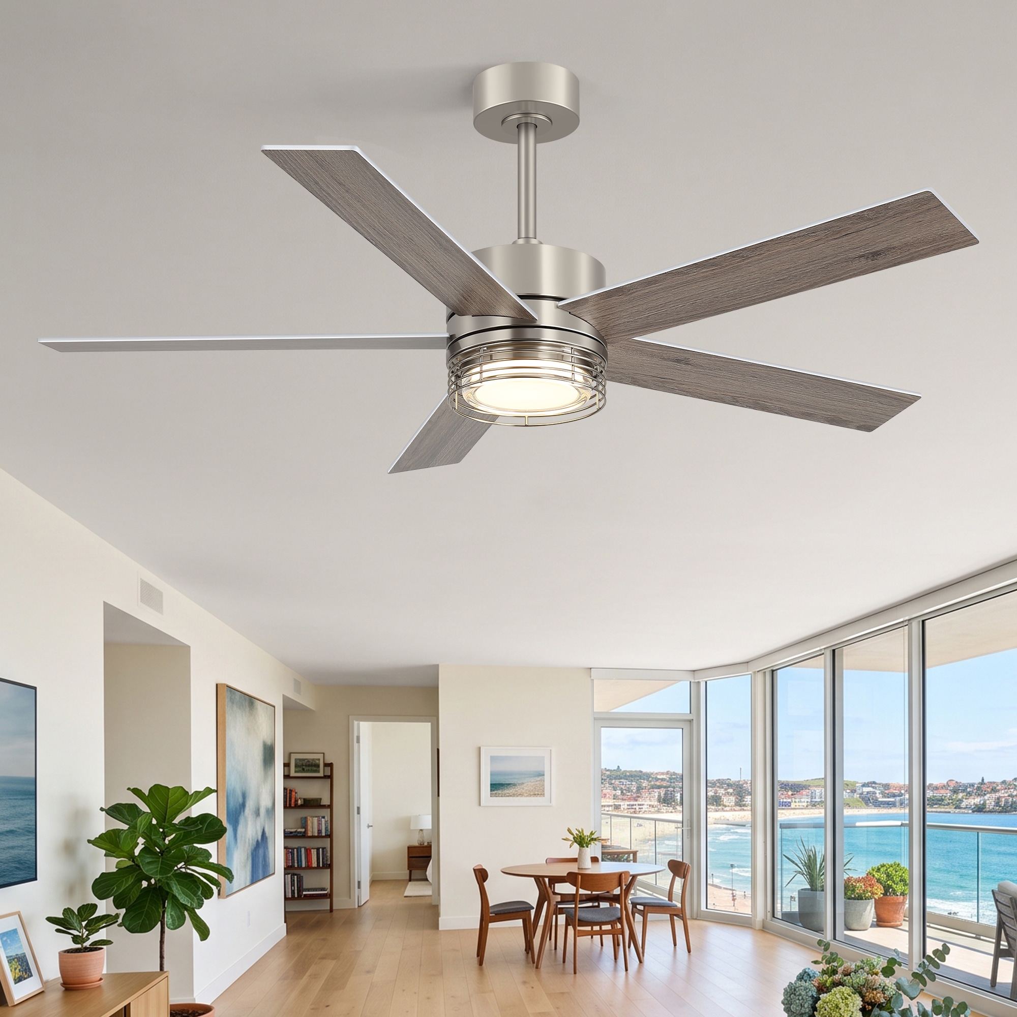 Flashwind 52-in Brushed Nickel LED Downrod Mount Ceiling Fan With Light and Remote Control Included 5 Blade