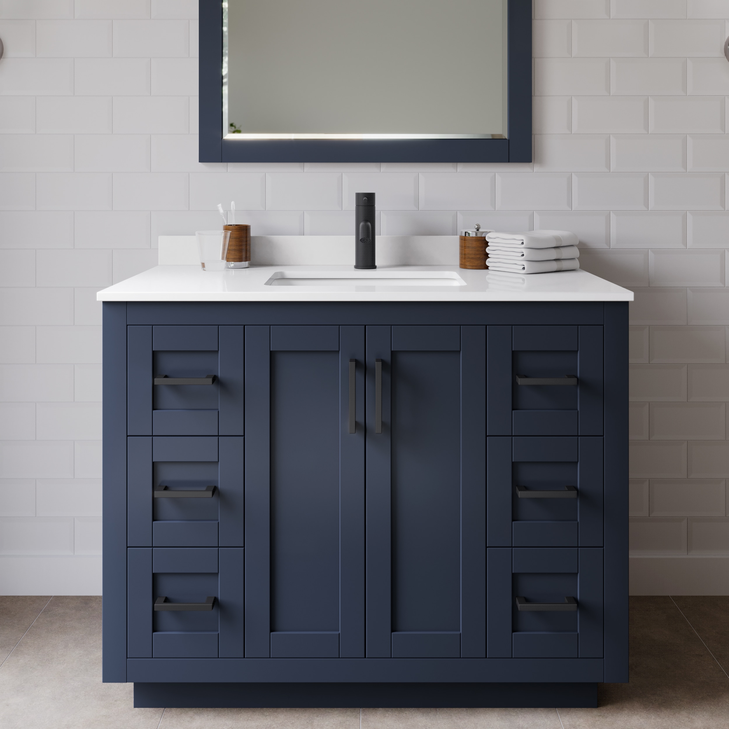 Wyndham Collection WCF292942SBBWCUNSMXX Miranda 42-in Dark Blue with Matte Black Trim Undermount Single sink Bathroom Vanity with White Cultured Marble Cultured marble Top