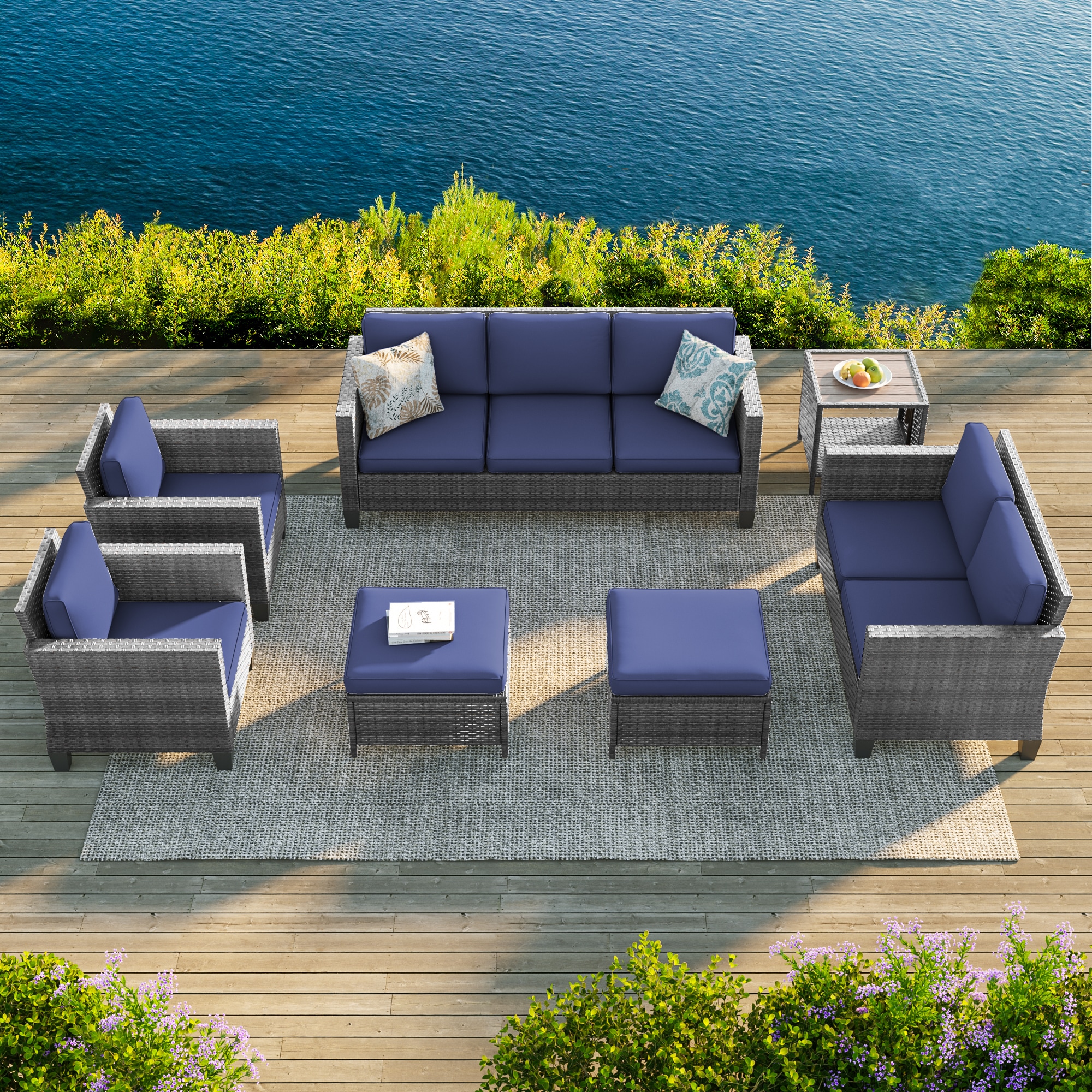 Sonkuki SD-PS-115HNY-S3T3 Patio Conversation Set 7 -Piece Wicker Patio Sofa Conversation Set with Navy Cushions