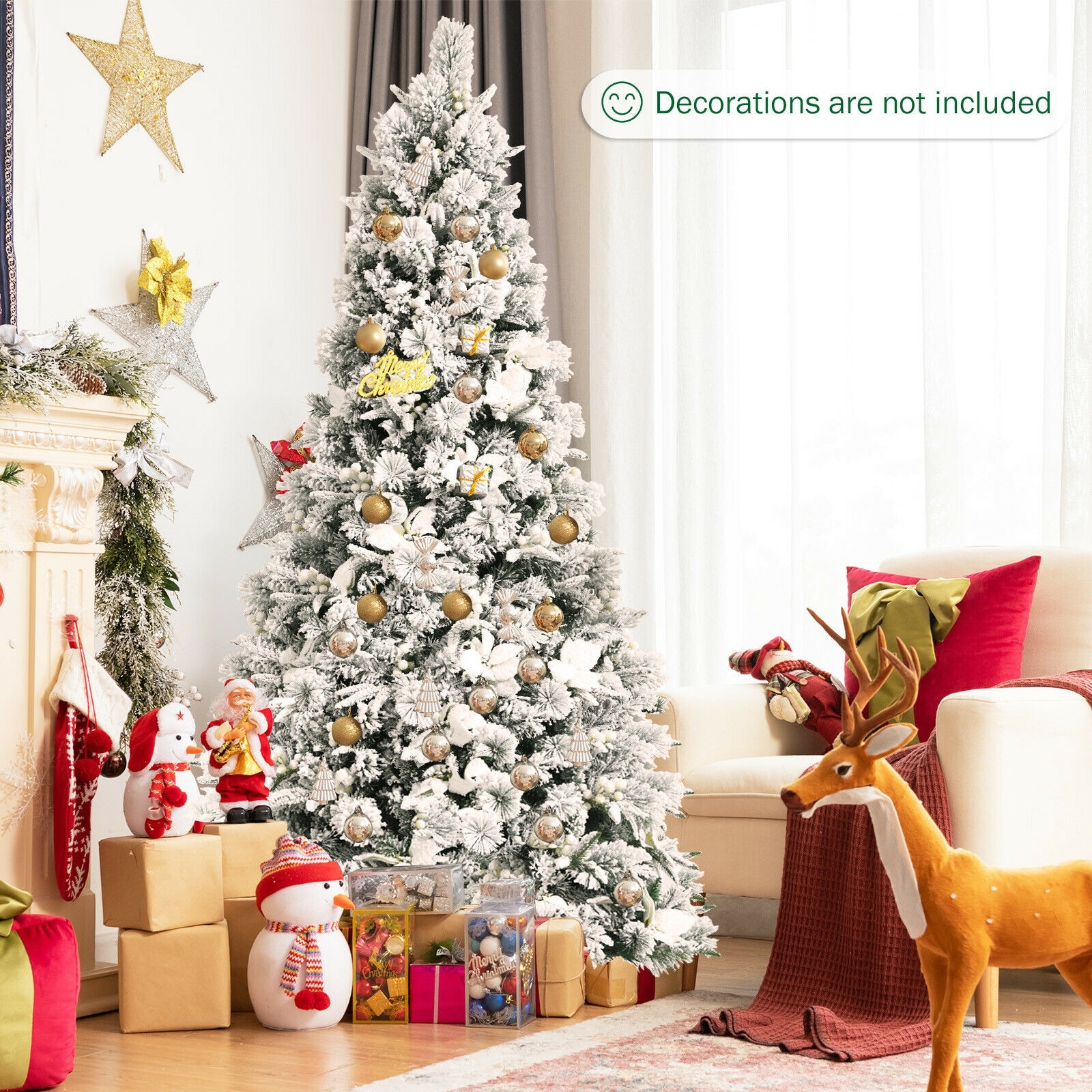 7-Foot Snow Flocked White Artificial Christmas Tree with Berries and Poinsettia Flowers