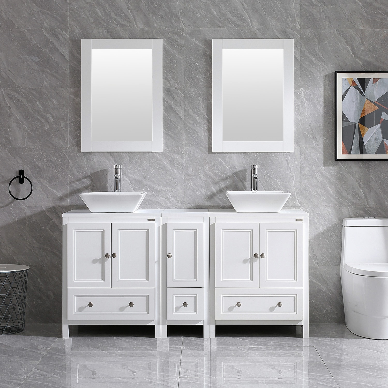 WONLINE 2XBR4487+4488+2X4360 60in. square ceramic sink bathroom vanity cabinet solid wood modern design 60-in White Double sink Bathroom Vanity with White Wood Top (Mirror Included) (Faucet Included)