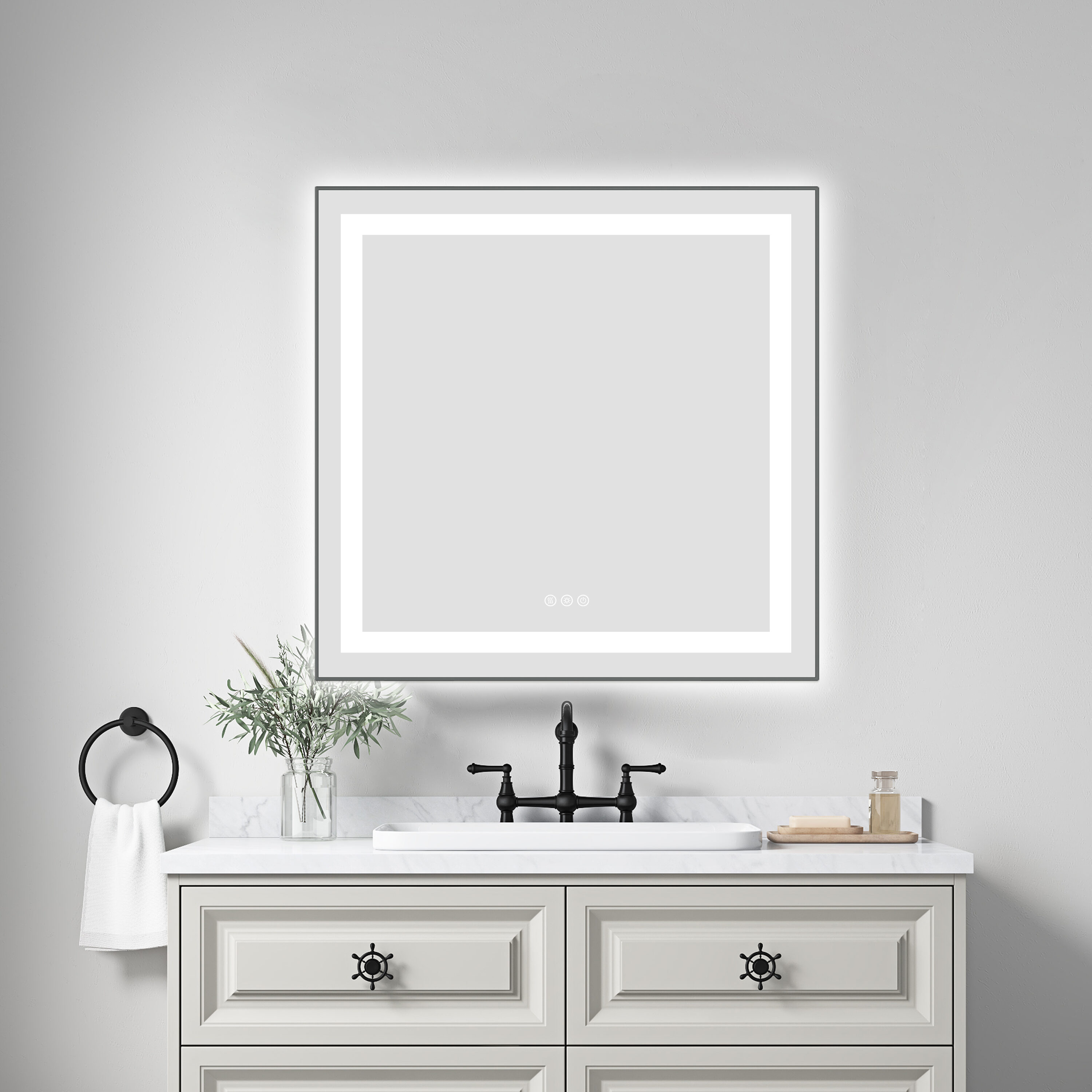WELLFOR WA-MRAR-3220 30-in x 30-in Framed Square Dimmable LED Lighted Fog Free Bathroom Vanity Mirror ( Gun Ash )