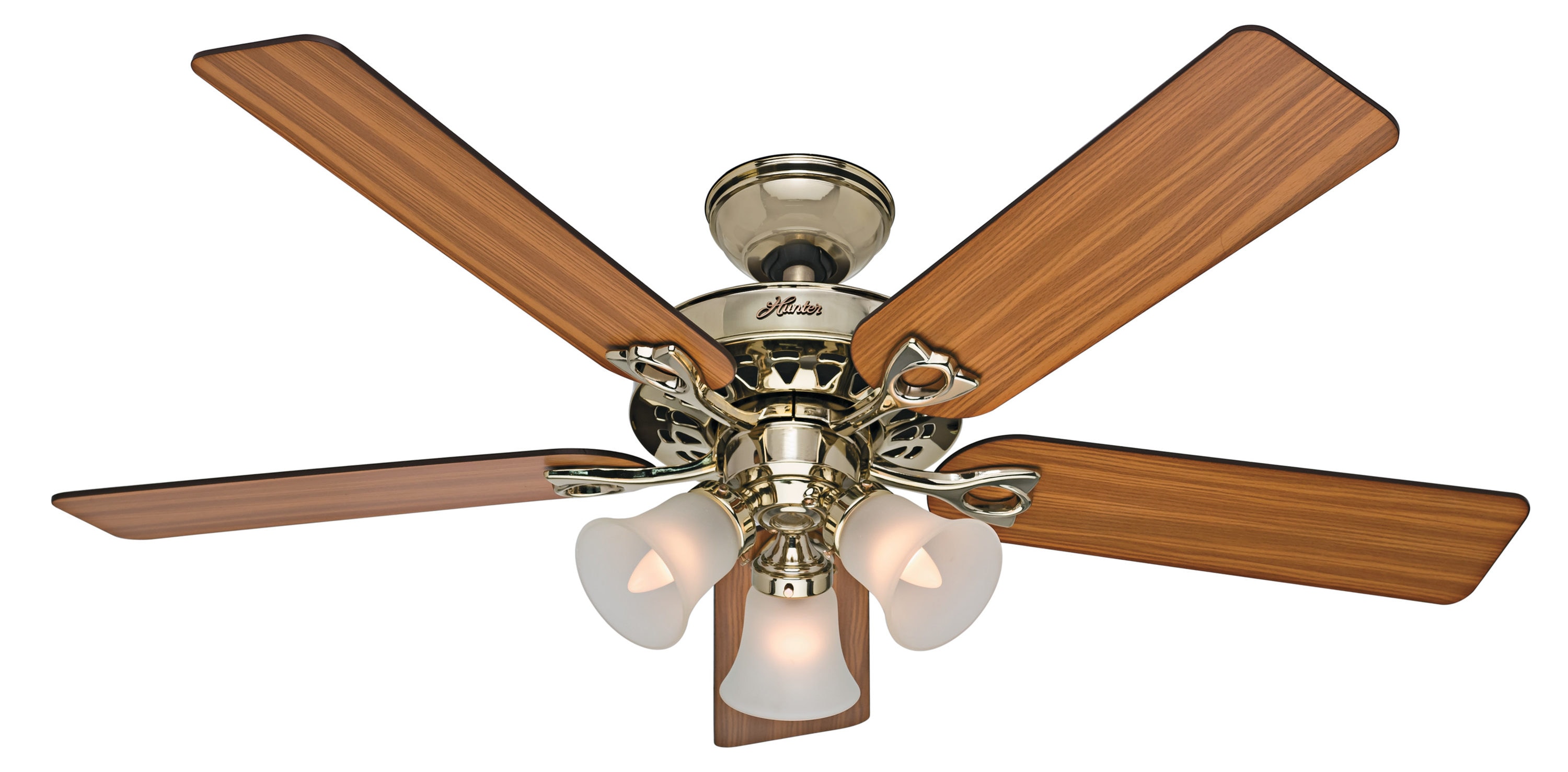 Hunter 53116 Sontera 52-in Bright Brass Indoor Downrod or Flush Mount Ceiling Fan with Light and Remote (5-Blade)