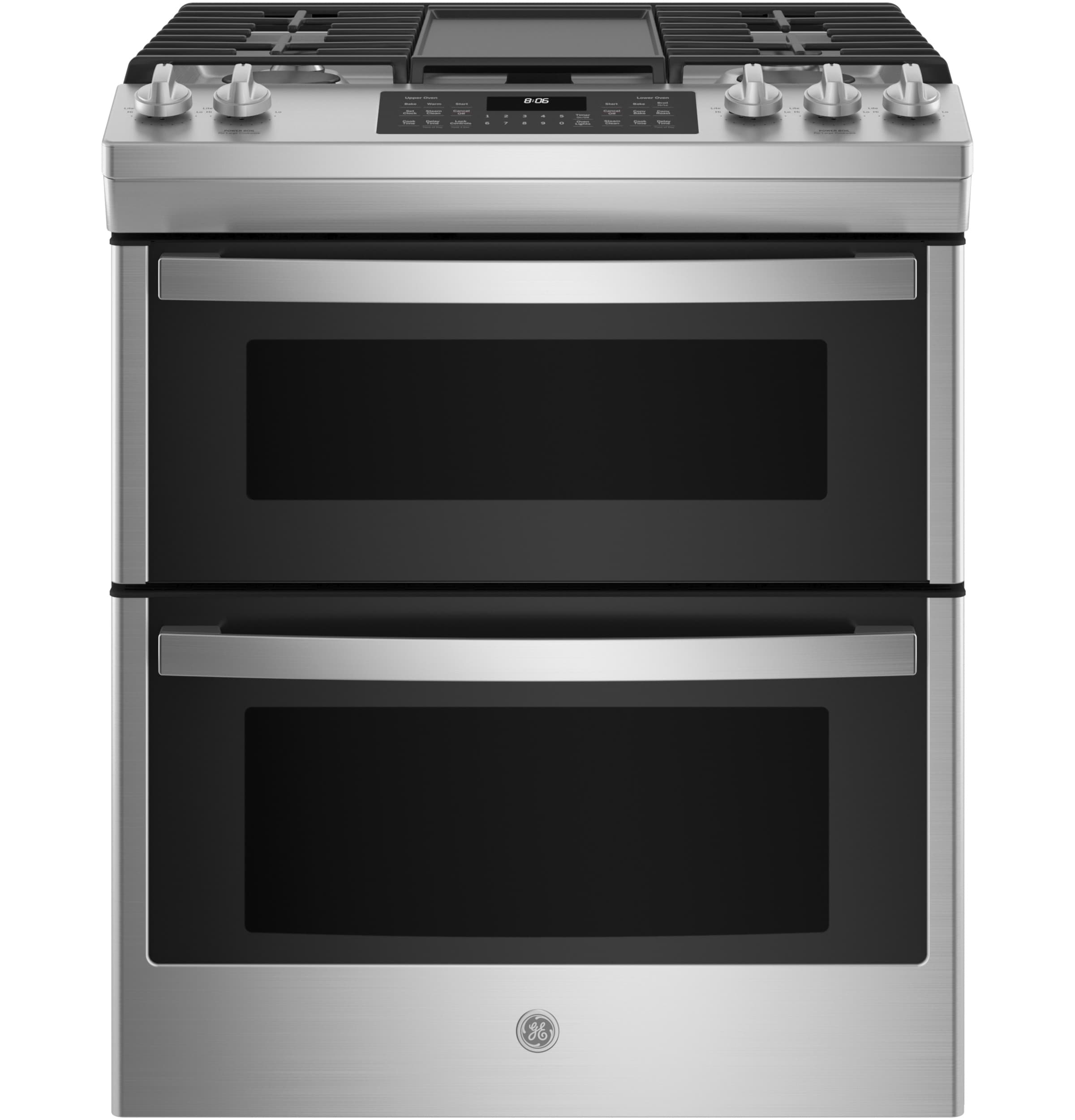 GE JGSS86SPSS 30-in 5 burners 4.3-cu ft / 2.4-cu ft Air Fry Convection Oven Slide-In Double Oven Gas Range ( Stainless Steel )
