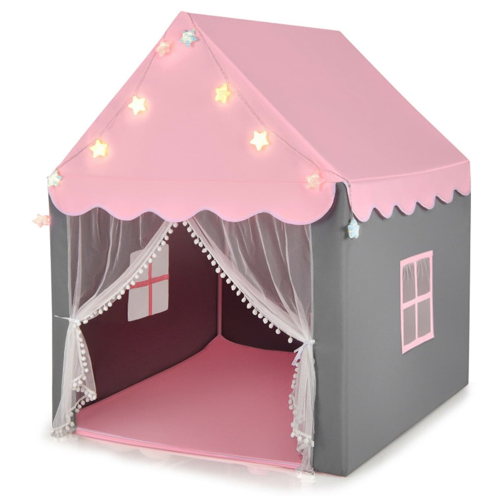 SUGIFT Kids Playhouse Tent with Star String Light Soft Cotton Mat and Mesh Window Foldable Indoor Outdoor Play Tent Toddler Playhouse Fort for Boys and Girls Pink with Roomy Interior for up to 4 Children Great Kids Gift for Nursery and Playroom