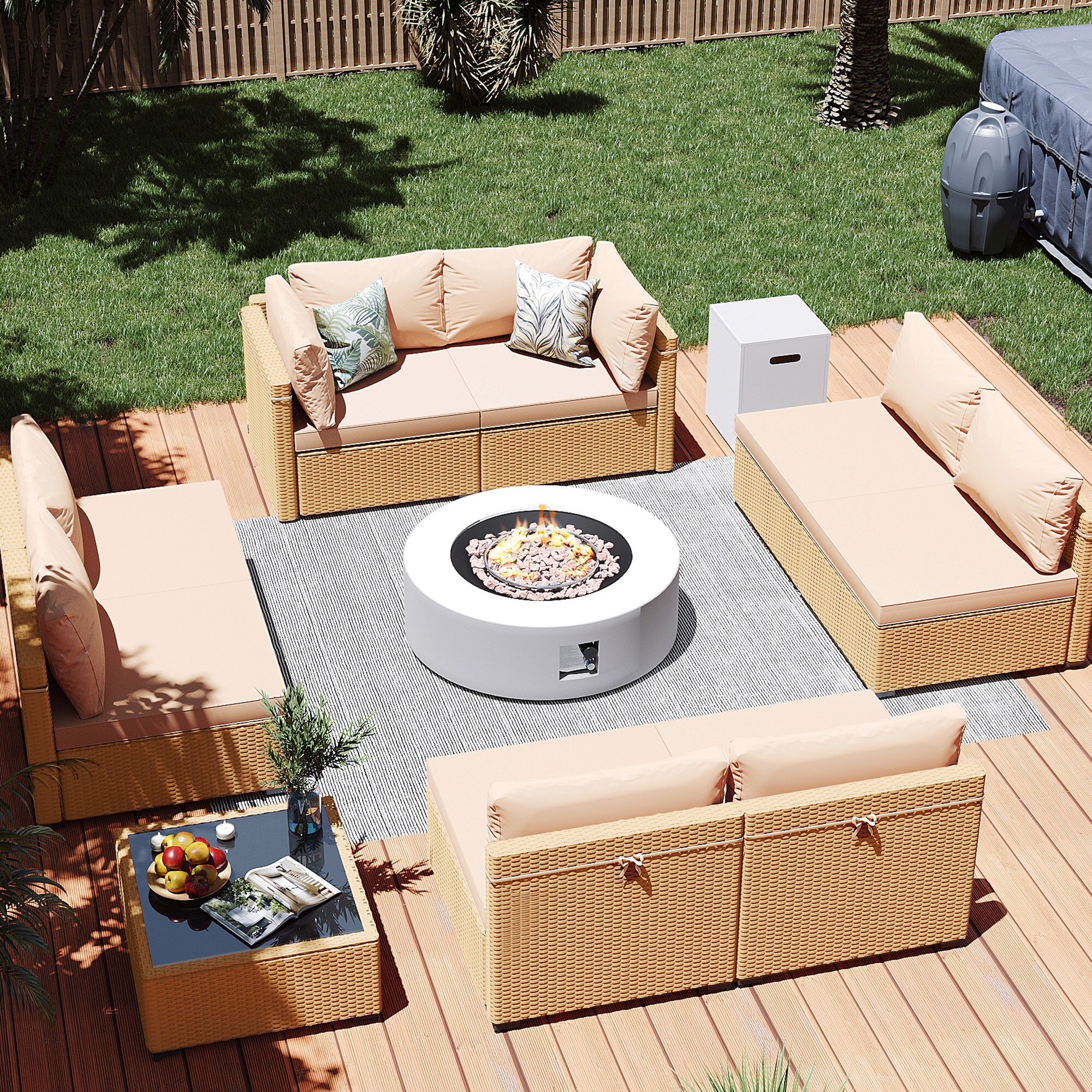 Patio Watcher LS-RT9-KD42WH-Y1 10 -Piece Rattan Patio Conversation Set with Beige Cushions