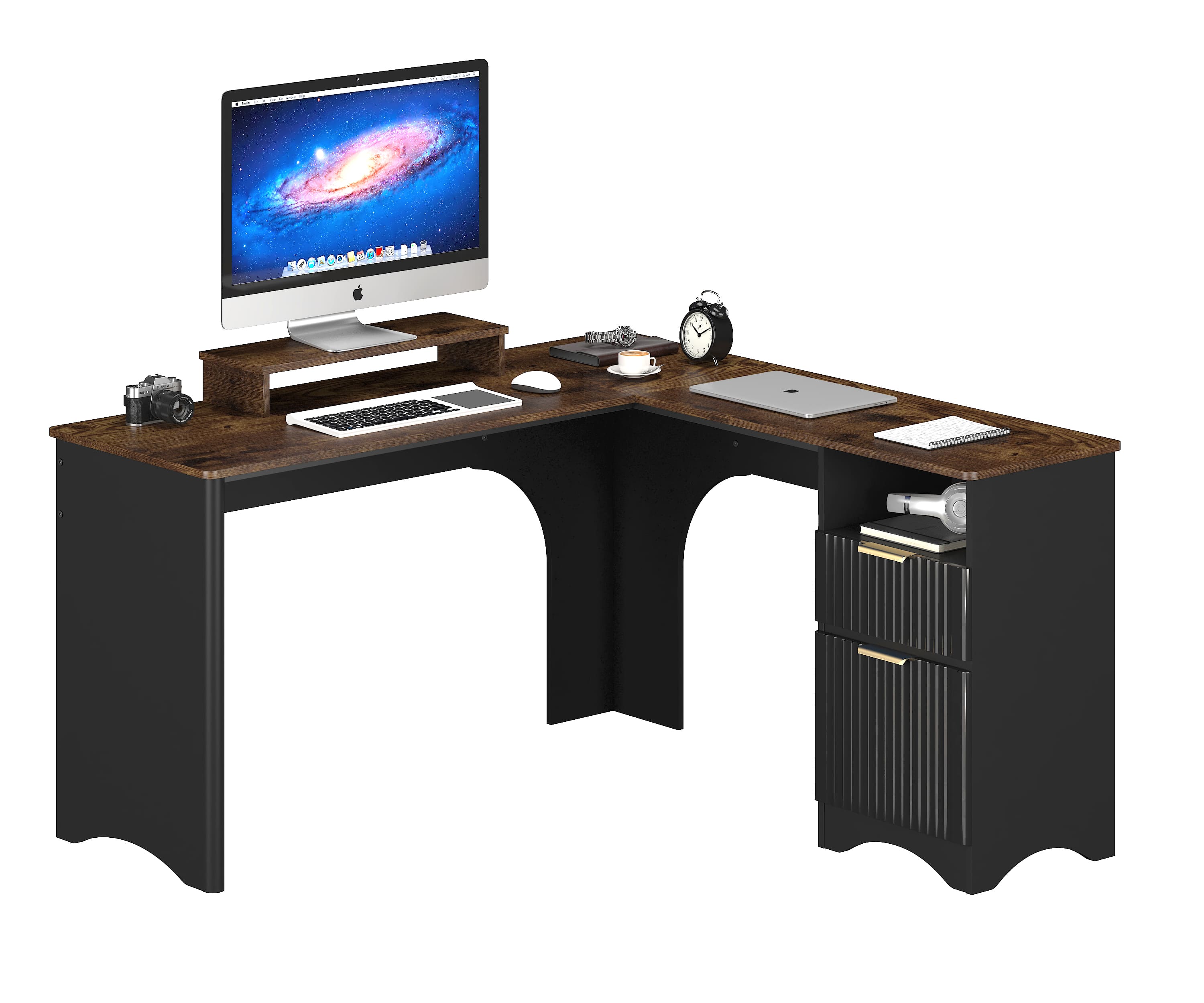 Bestier LOW-H106314M-RST 55.12-in W 2-Drawer Brown Computer Desk with Monitor Stand and Fluted Panels