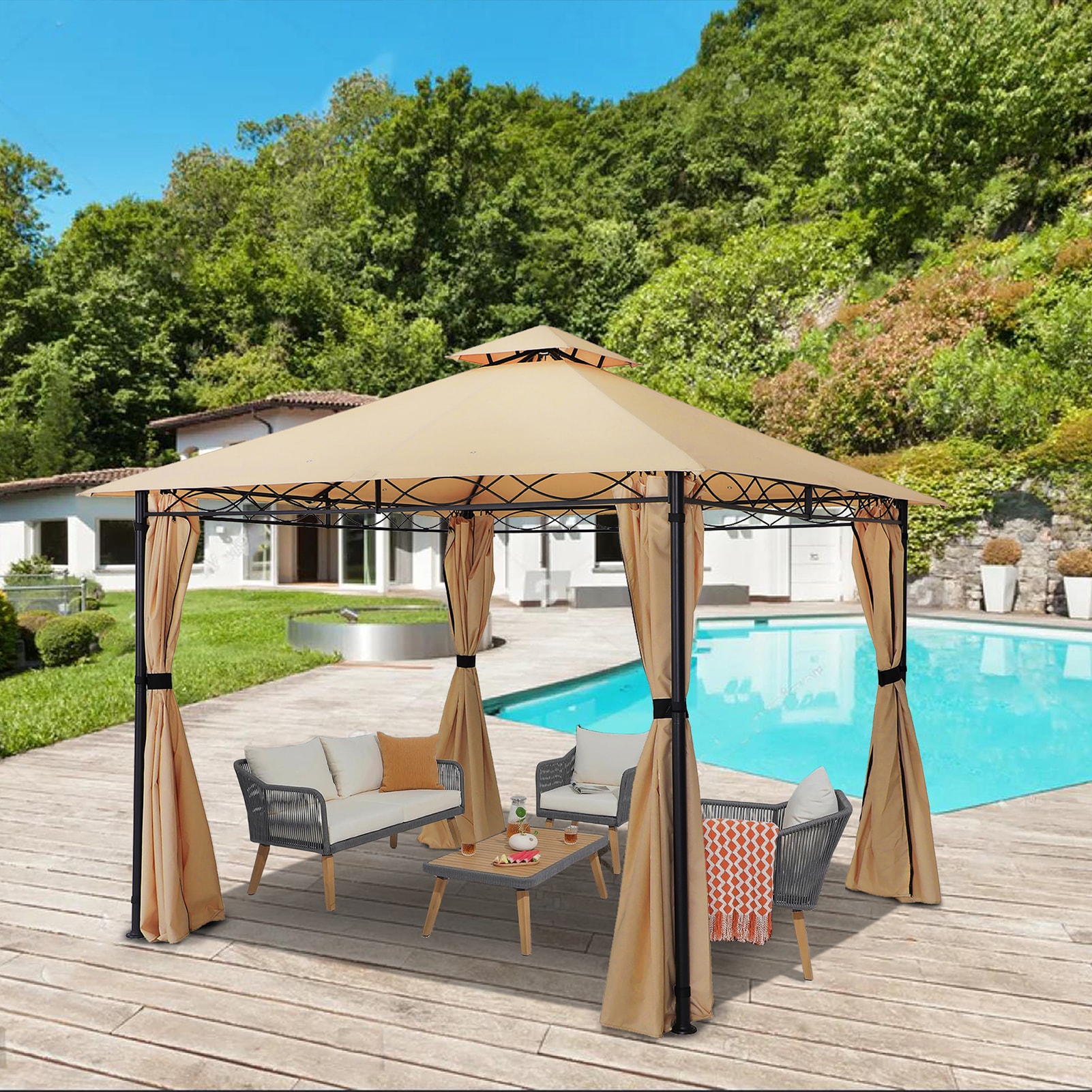 StarEcho 10-ft x 10-ft Patio steel gazebos Cape Cottage Square Tan ...