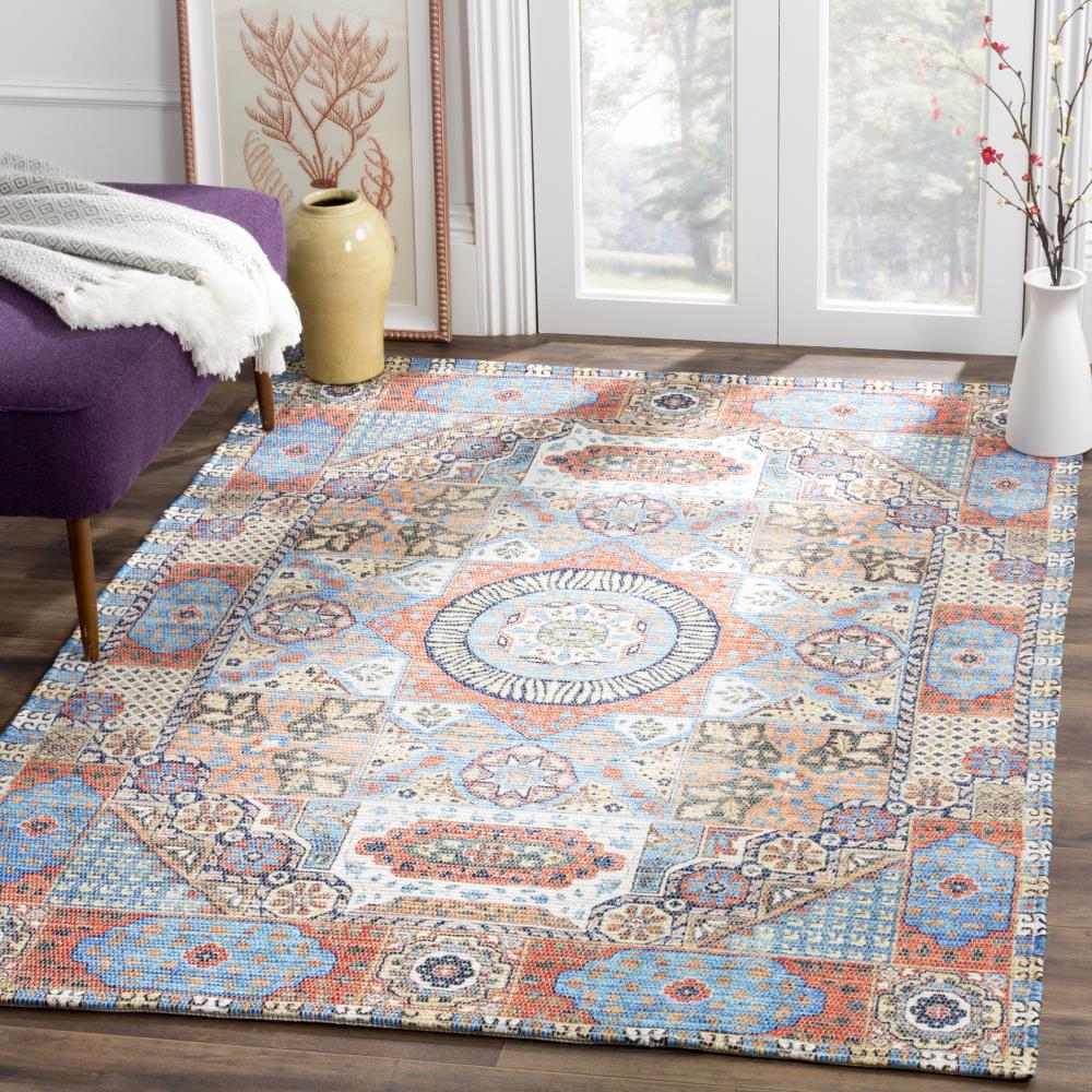 Saffron Blue and Orange Handwoven Wool Cotton Area Rug