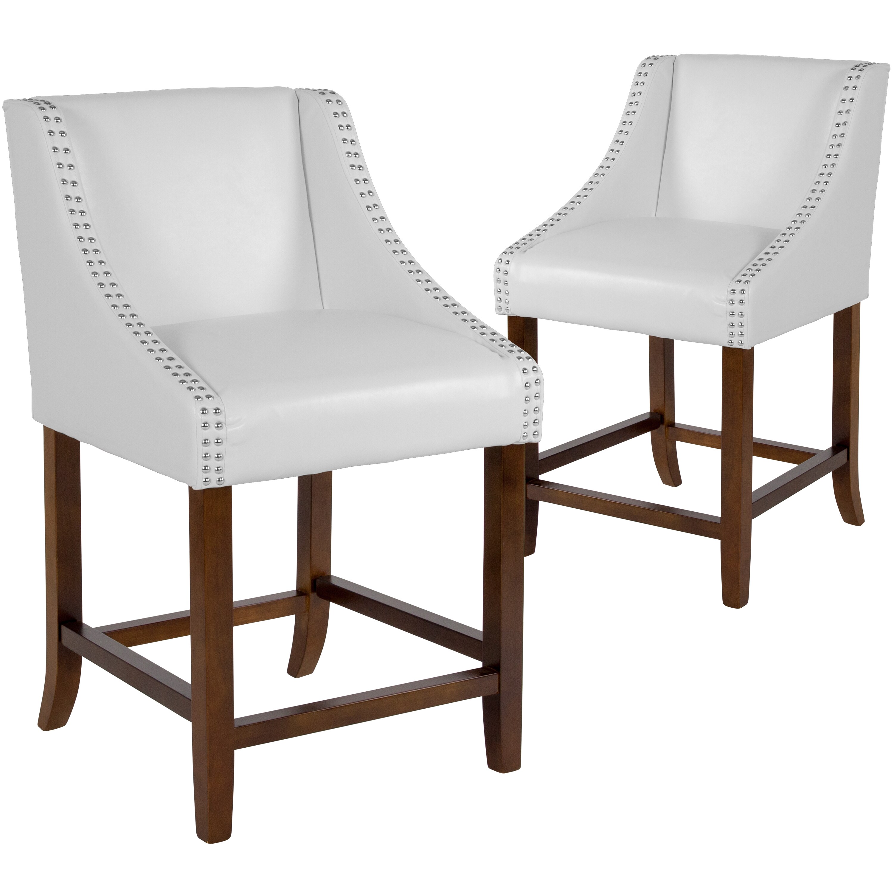 Flash Furniture 889142876601 Carmel Set of 2 White Leathersoft 25-in H Counter height Upholstered Wood Back Bar Stool with Arms and Back