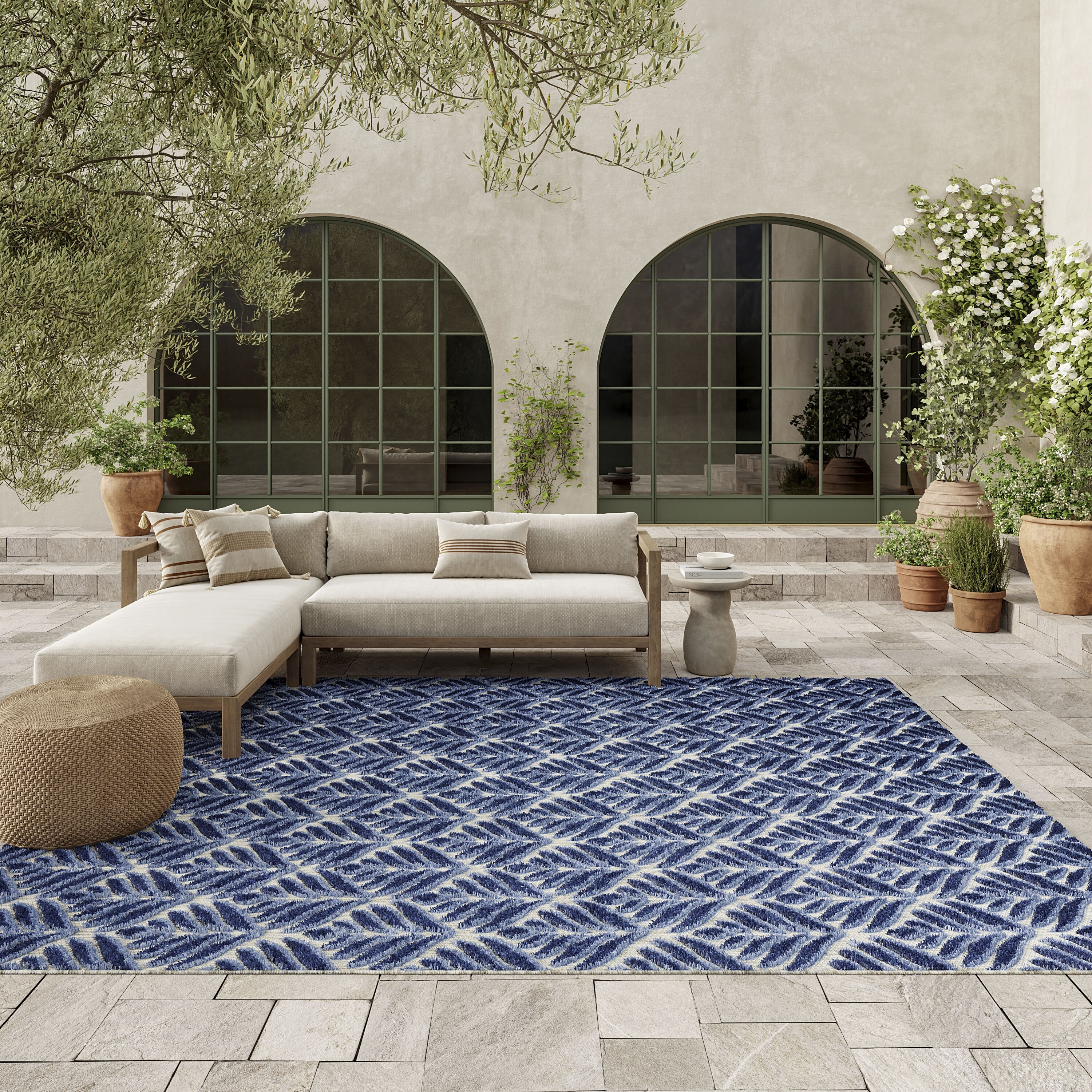 Nourison 099446174499 Aloha 9 x 12 (ft) Loomed Polypropylene Blue Rectangular Indoor/Outdoor Floral/Botanical Tropical Area rug