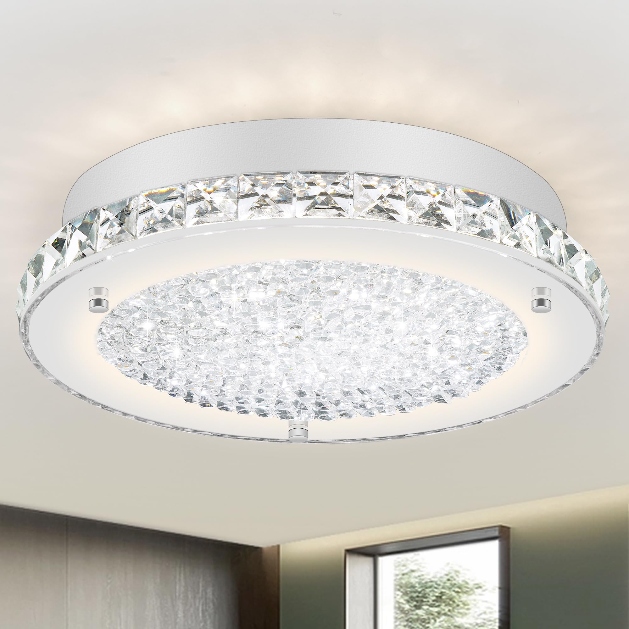 Ahfiwaso  Crystal Ceiling Light 11 Inch LED Semi Flush Mount for Bathroom Kitchen Bedroom Hallway Entryway Foyer Laundry Room Cloakroom 4000K