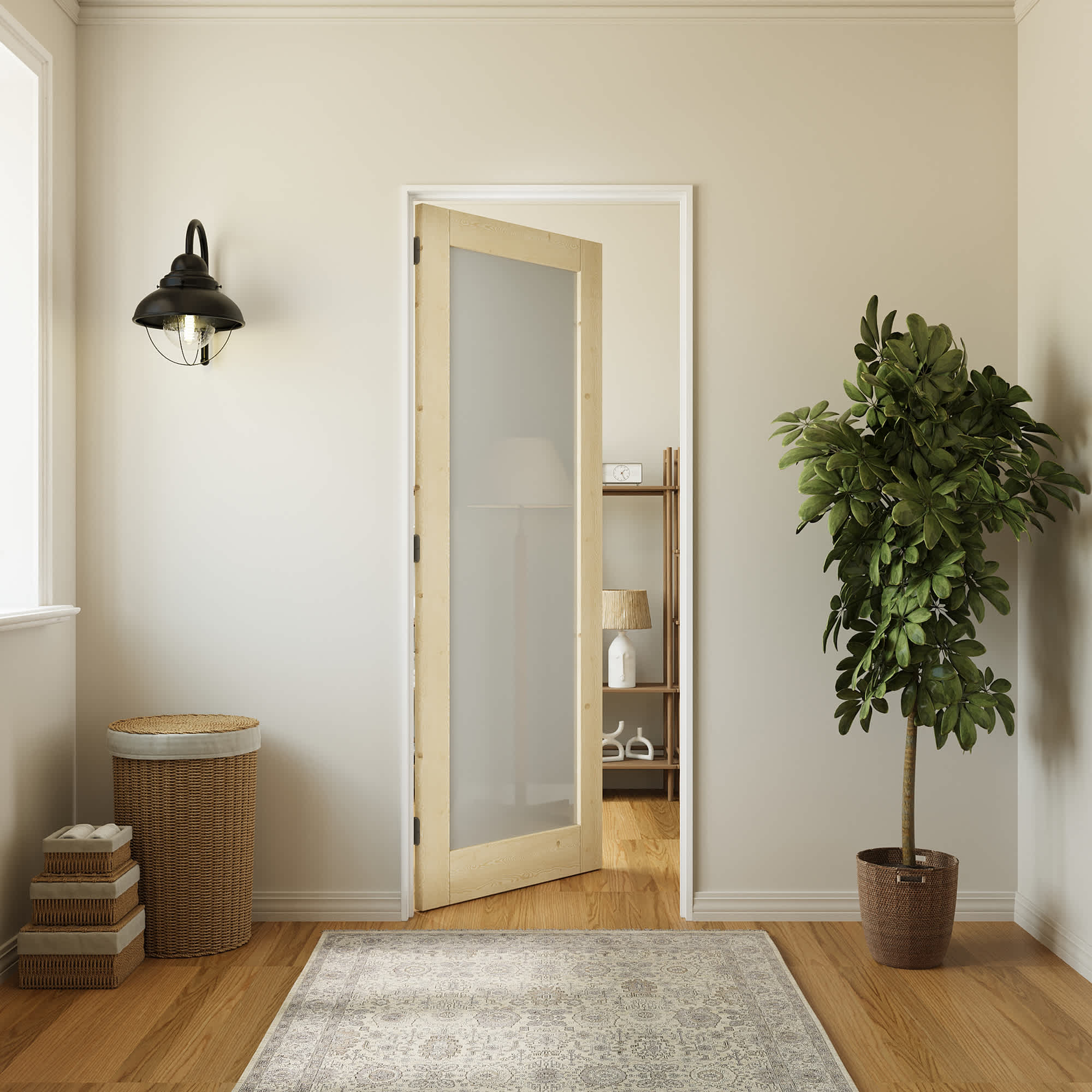 HYALON 1-Lite Solid Core Tempered Frosted Glass and unfinished Pine Wood Interior Door Slab 28-in x 80-in