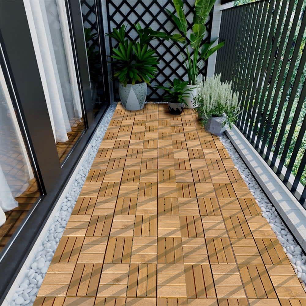 JUJABU Yellow 12Inch x 12Inch 30 PCS Deck Tiles Checker Pattern Square Acacia Hardwood Outdoor Flooring for Patio #DECKTILE-6