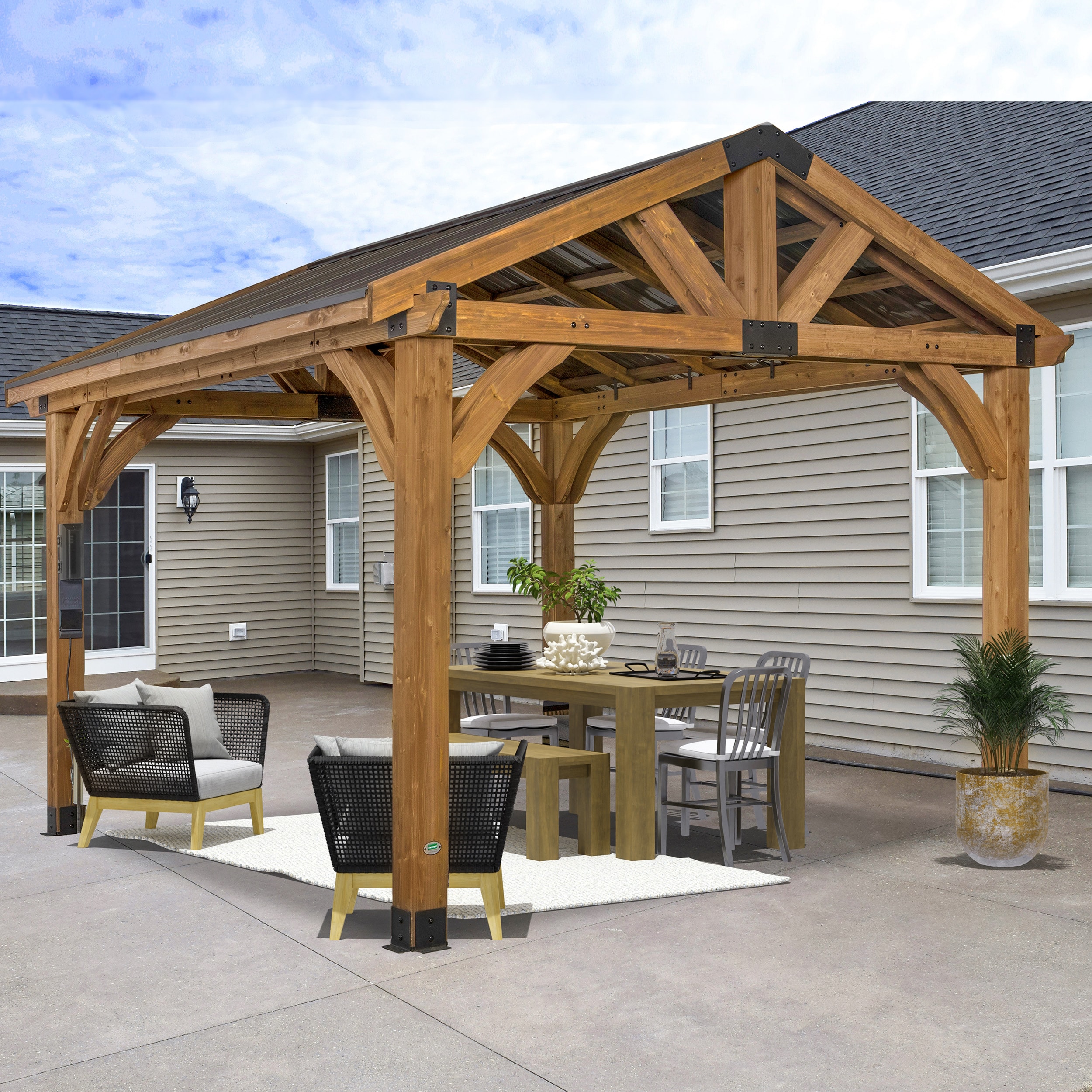 Backyard Discovery 12 ft x 12 ft Arlington Square Brown Wood Steel Roof Semi permanent Gazebo 2001527COM at Lowes