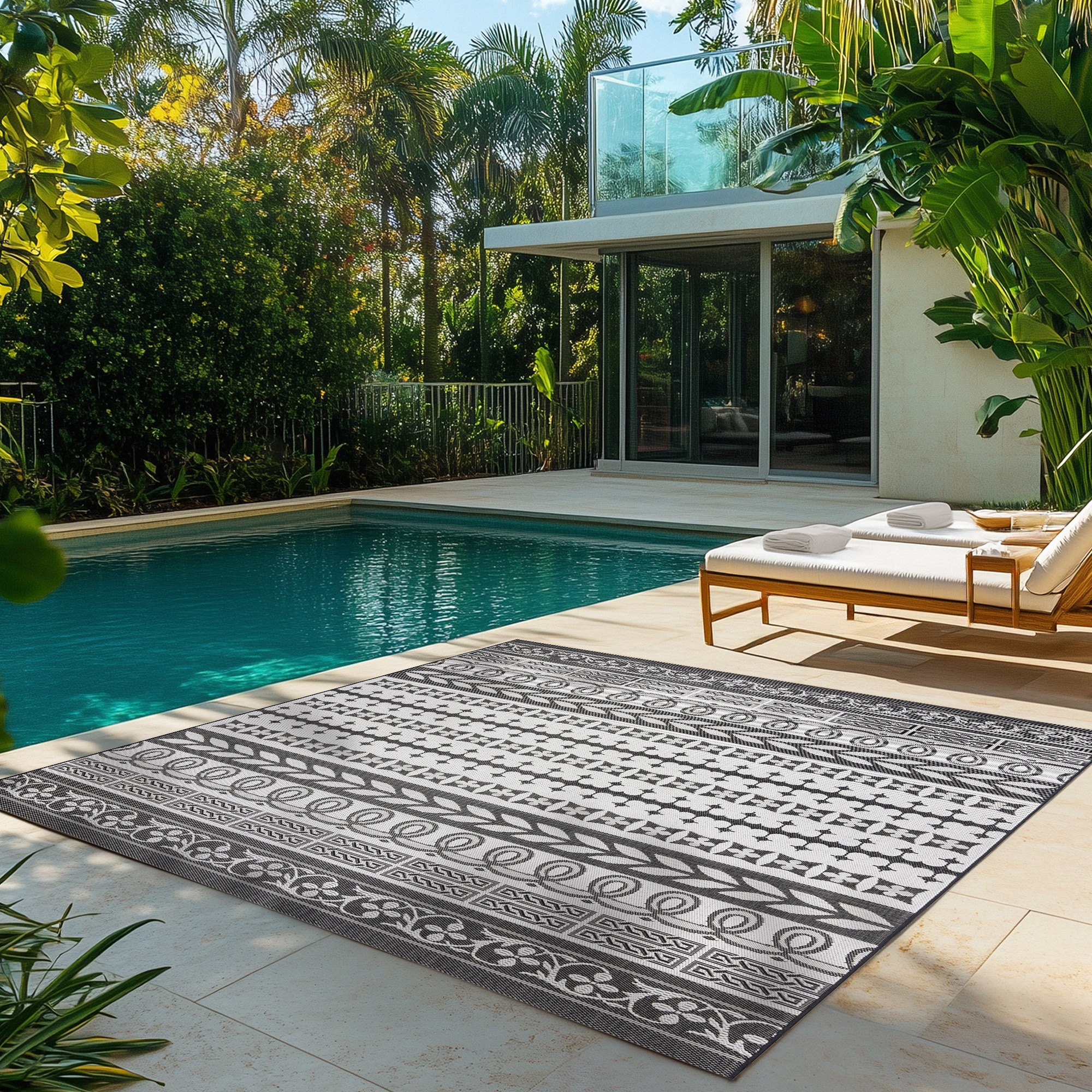 GERTMENIAN 25489 8 x 10 (ft) Polypropylene Black/White Rectangular Indoor/Outdoor Stripe Area rug
