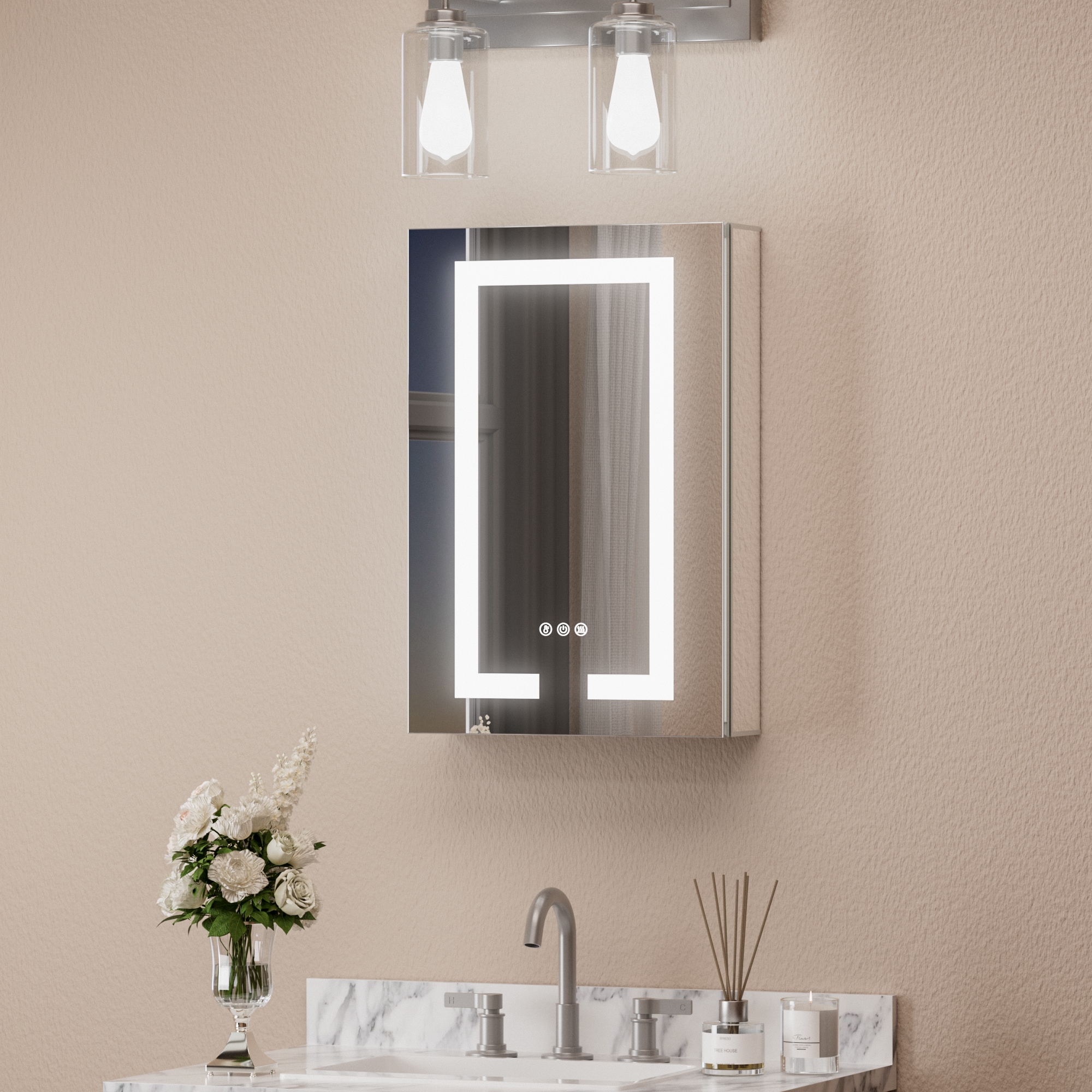 Keonjinn LW-JG-ZG-4161 16-in x 24-in Lighted LED Fog Free Surface/Recessed Mount Silver Mirrored Rectangle Soft Close Medicine Cabinet with Outlet
