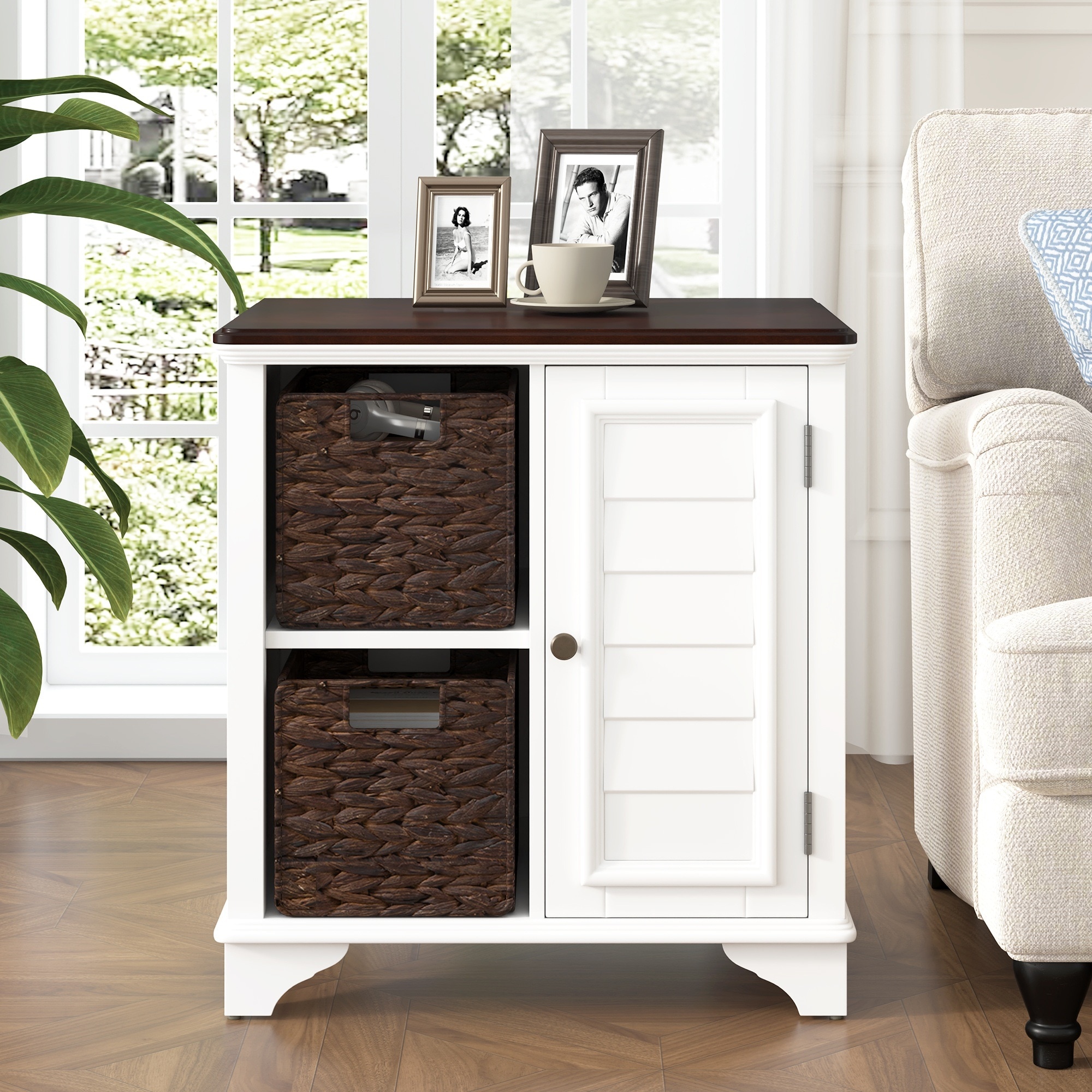 Horizons Prime 23 inch White MDF End Table with Shutter Style Door and Two Woven Grass Baskets