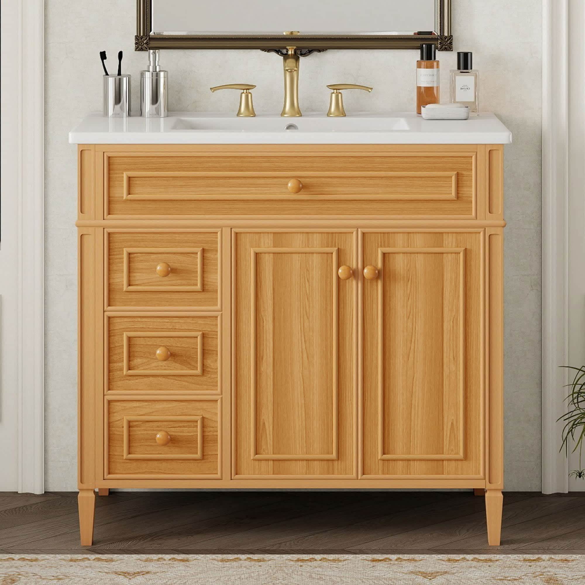 Etokfoks  36 inch bathroom vanity with ceramic sink solid wood and MDF cabinet 3 drawers 2 soft close doors tilt out top drawer wood handles