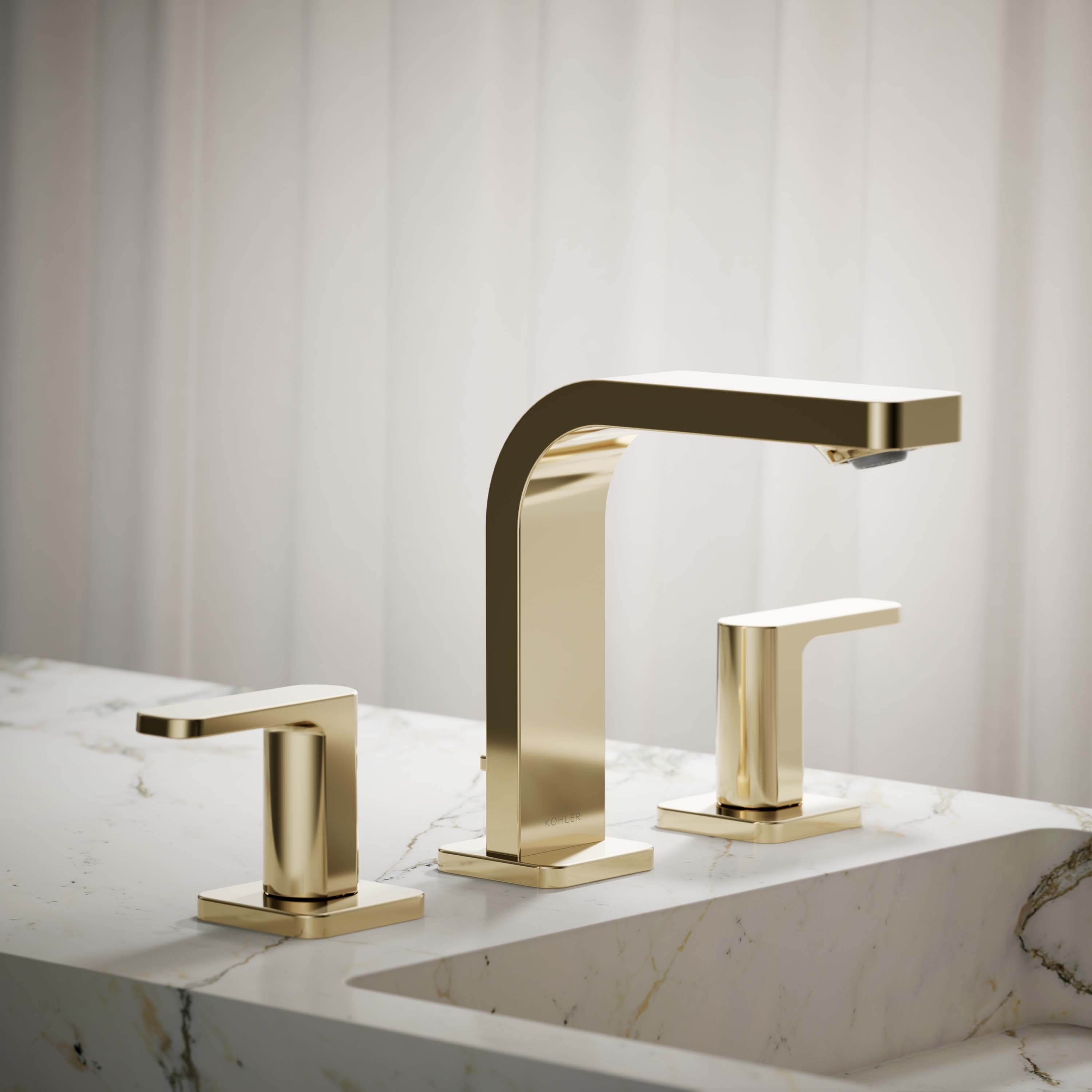 KOHLER 23484-4-AF Parallel Vibrant French Gold Widespread 2-handle WaterSense Low-arc Residential Handle Bathroom Sink Faucet with Drain