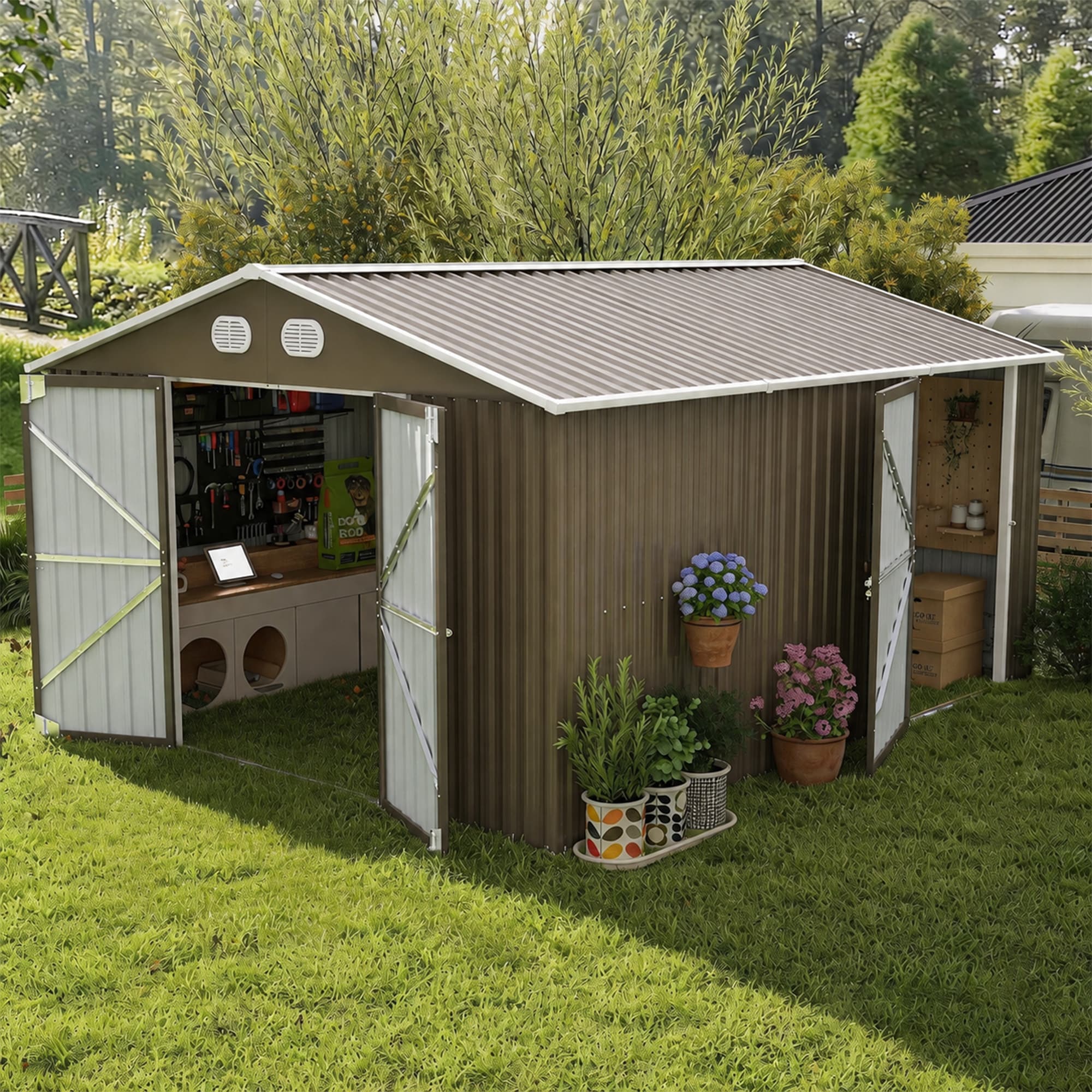 Mondawe - 10-ft x 12-ft 3 Lockable Doors Metal Storage Sheds Galvanized steel Metal Storage Shed