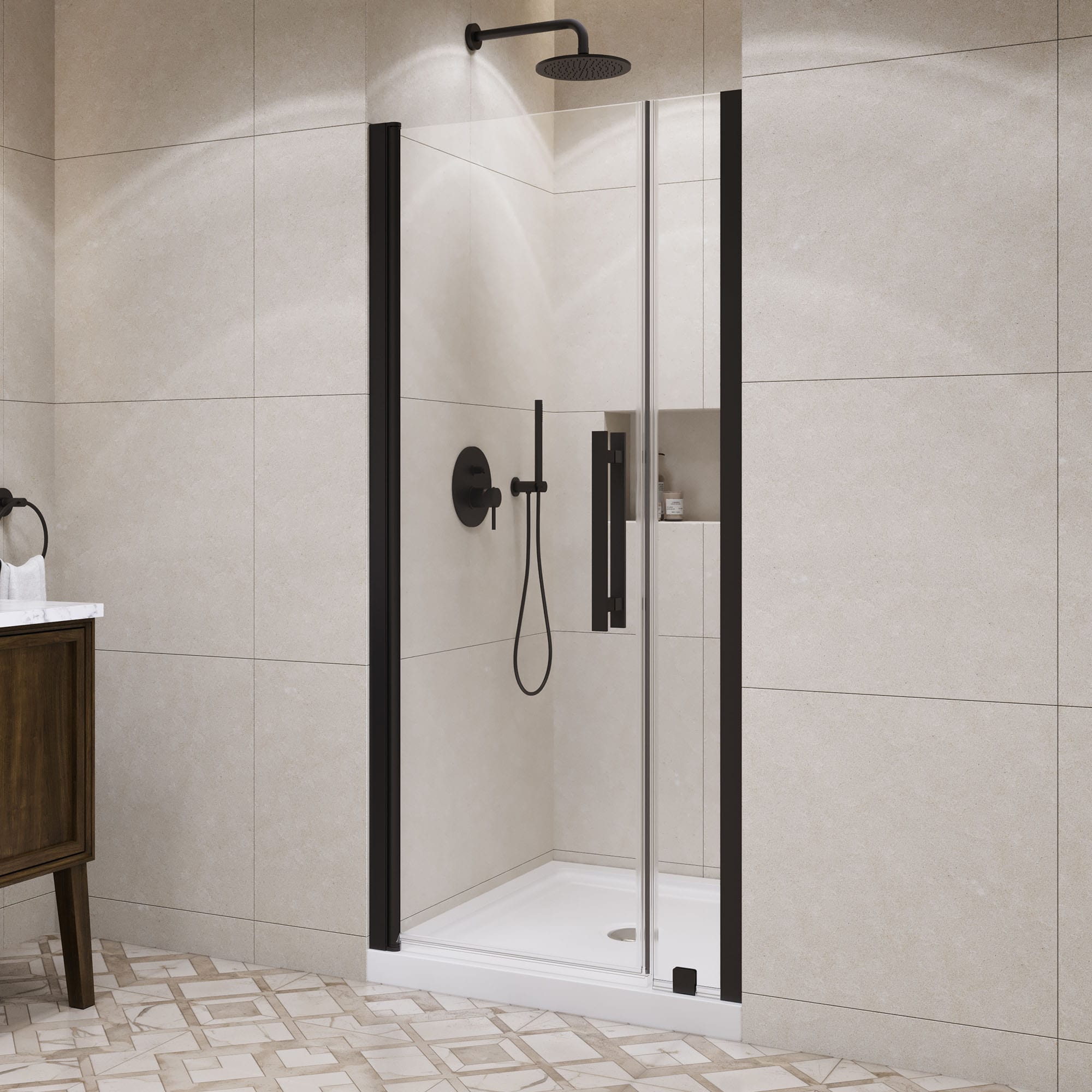 OVE Decors 15SKC-PASA36-BLK Pasadena 2 -Piece 36-in W x 36-in L x 75-in H Rectangular Alcove shower kit ( Reversible Drain) Base and Door Black Hardware Included