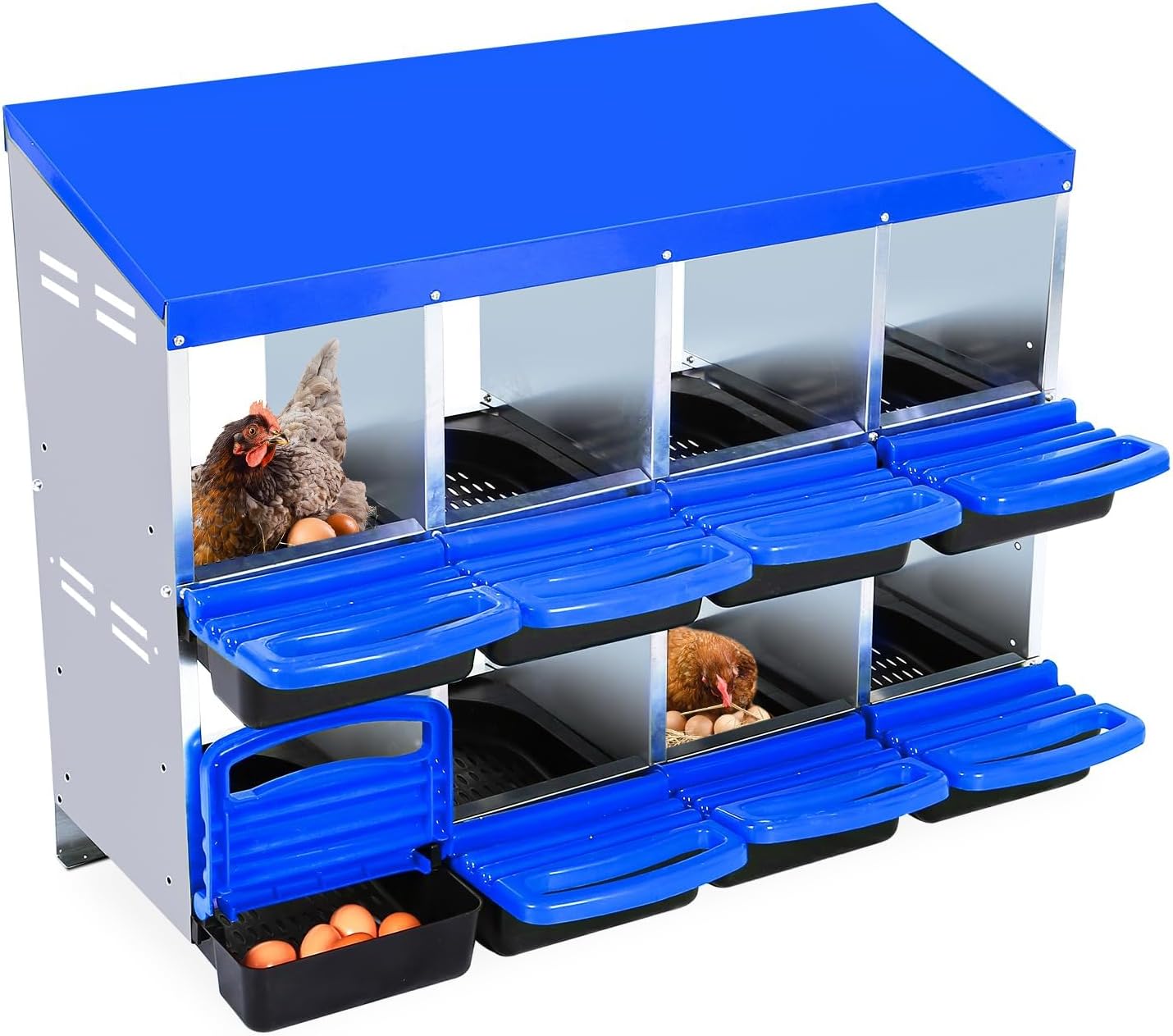 Qeetex GGL-PPG-33CX7N5Q 8-Hole Blue Chicken Nesting Box Roll-Away Egg Collection System with Ventilation Holes  Rustproof Plastic Tray Keyhole Mounting  Chicken Laying Box for Hen or Duck