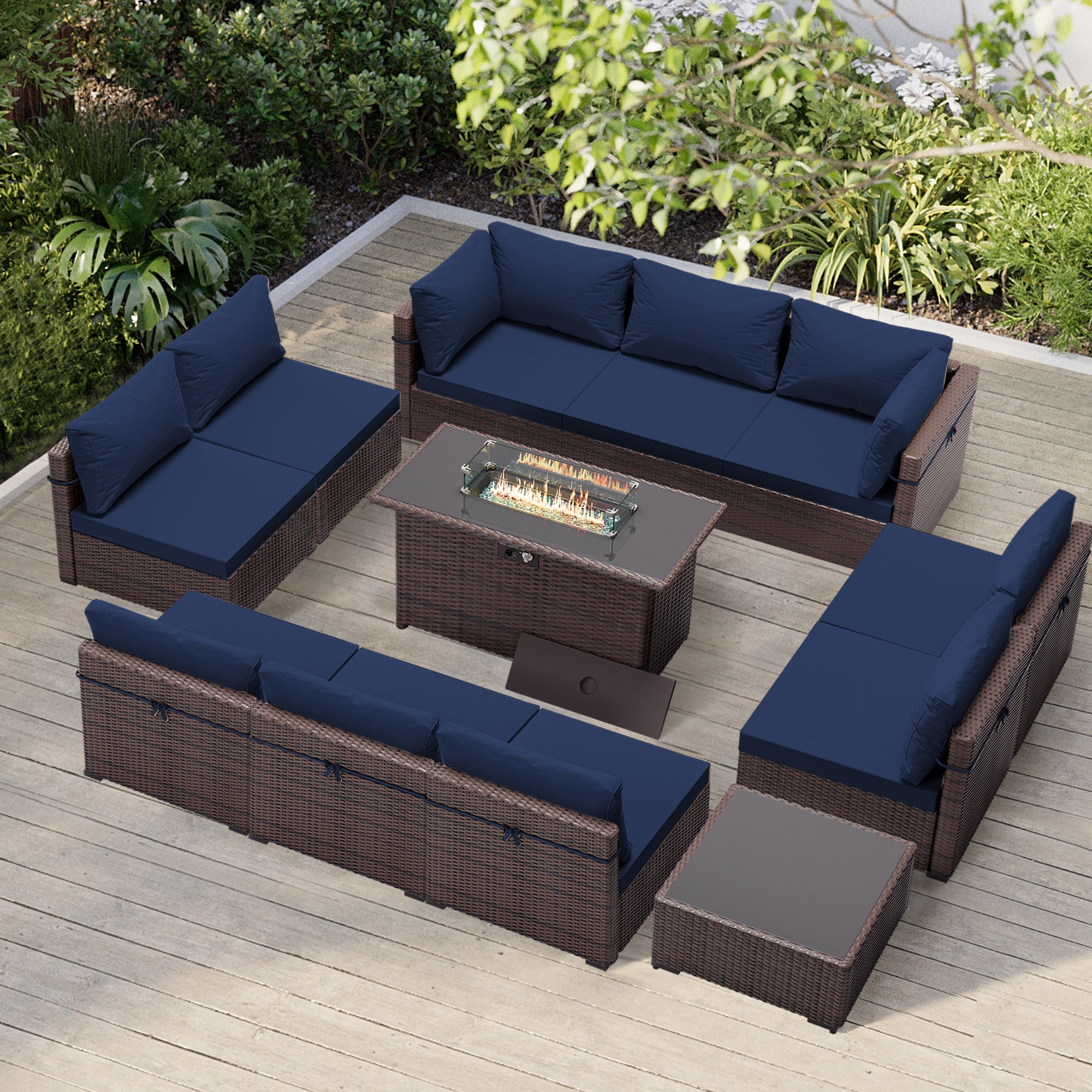 Patio Watcher TBSF-AB3C43BR-NA 12-Piece Rattan Patio Conversation Set with Blue Cushions