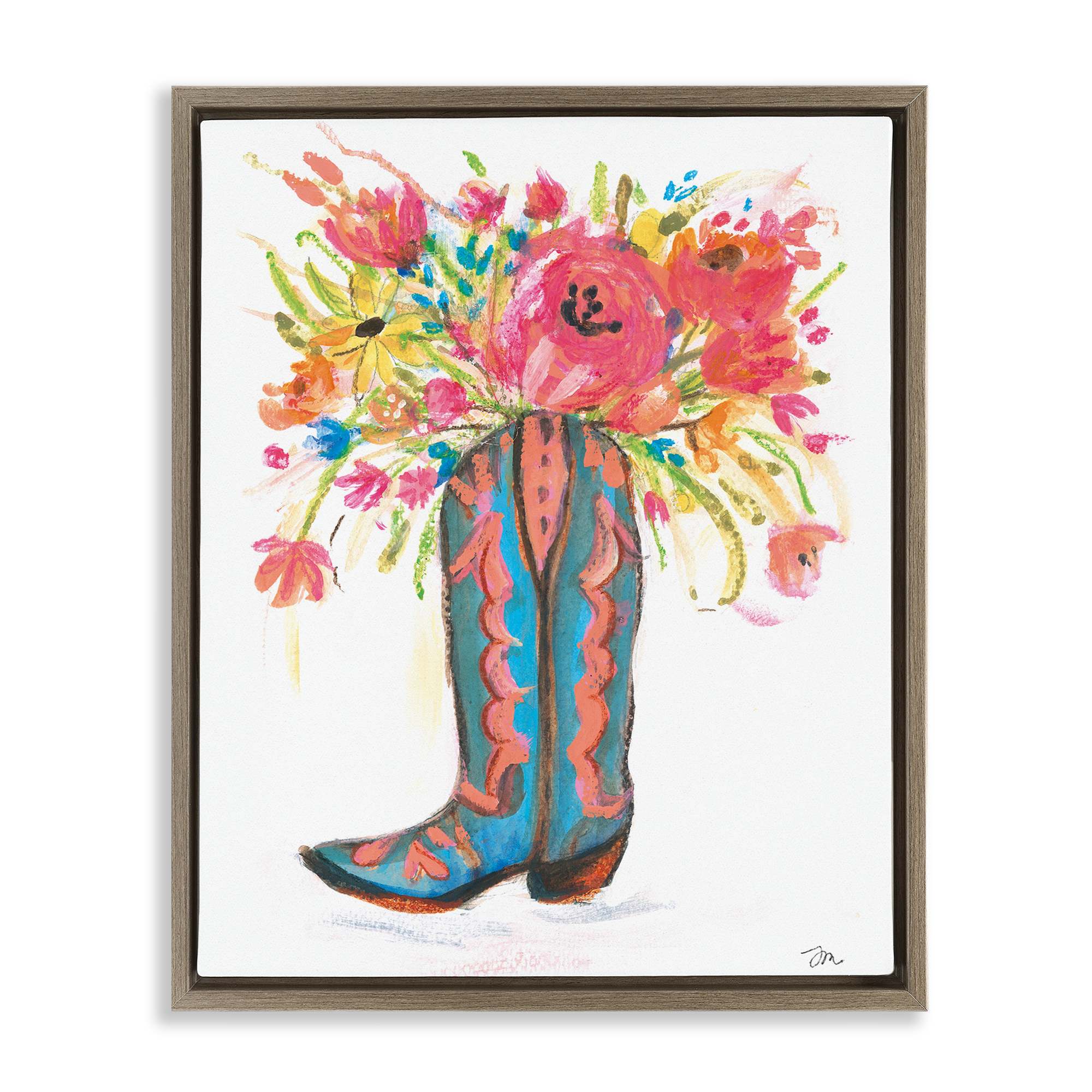 Stupell Industries BS-684-FFE-16X20 Floral Cowgirl Boot Pastels Brown Framed Floater Canvas Wall Art By Jessica Mingo 17 x 21