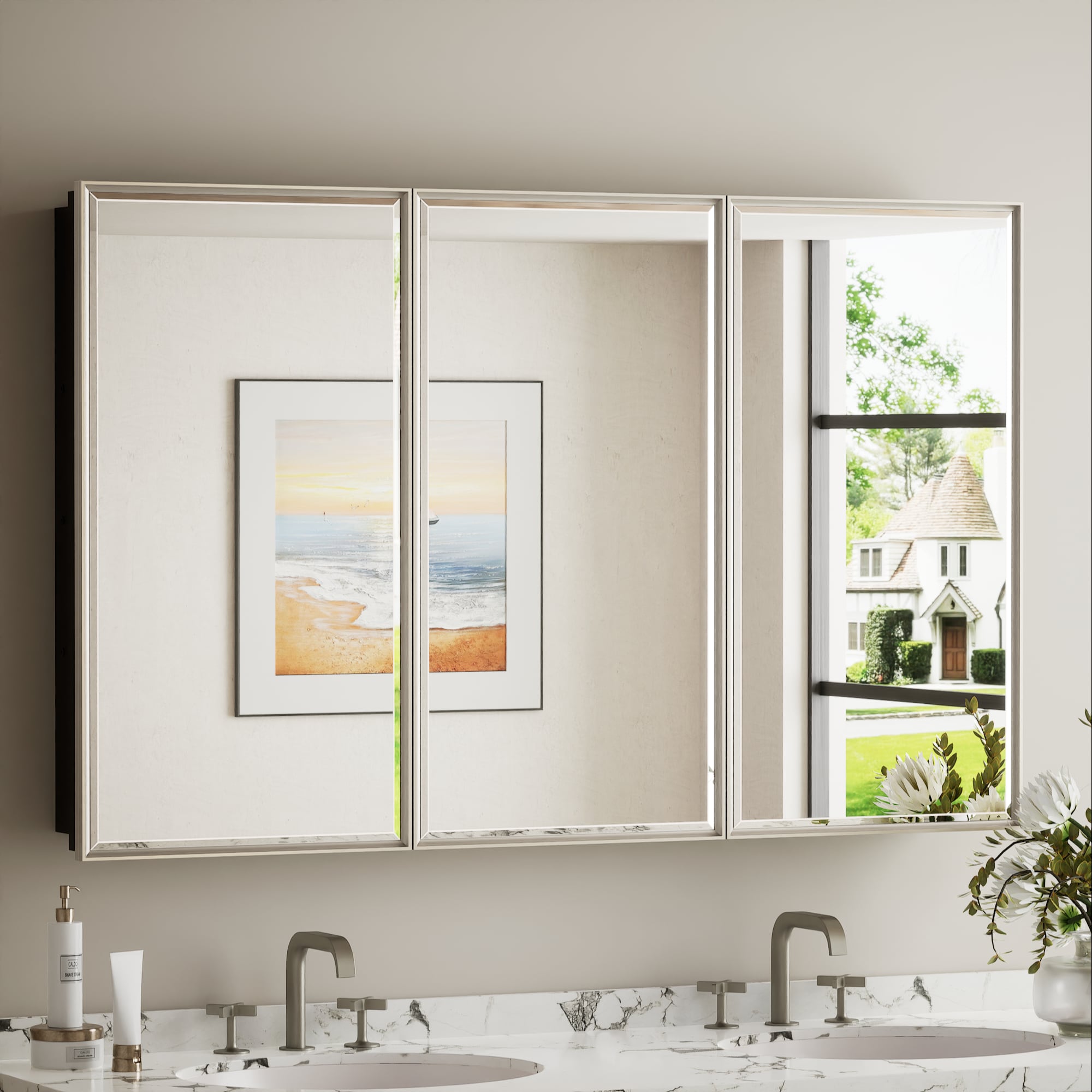 Keonjinn LW-JSKJG-FJ-12176BN 48-in x 30-in Surface/Recessed Mount Brushed Nickel Mirrored Rectangle Soft Close Medicine Cabinet