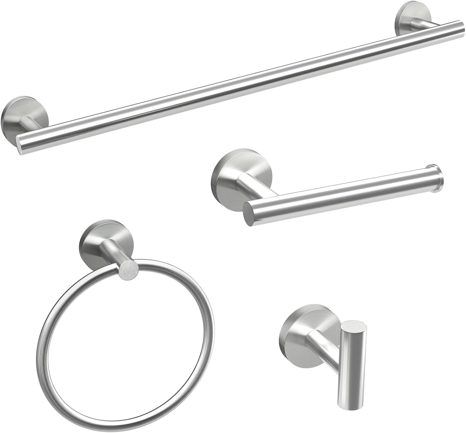 Project Source 304HS03BN-4P24 4 -Piece Brushed Nickel Decorative Bathroom Hardware Set Towel Bar, Toilet Paper Holder, Towel Ring ,Robe Hook Included