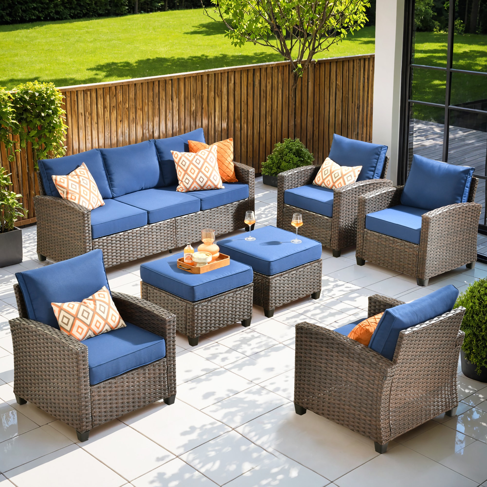 Ovios PR707 7 -Piece Wicker Patio Sofa Conversation Set with Navy Cushions