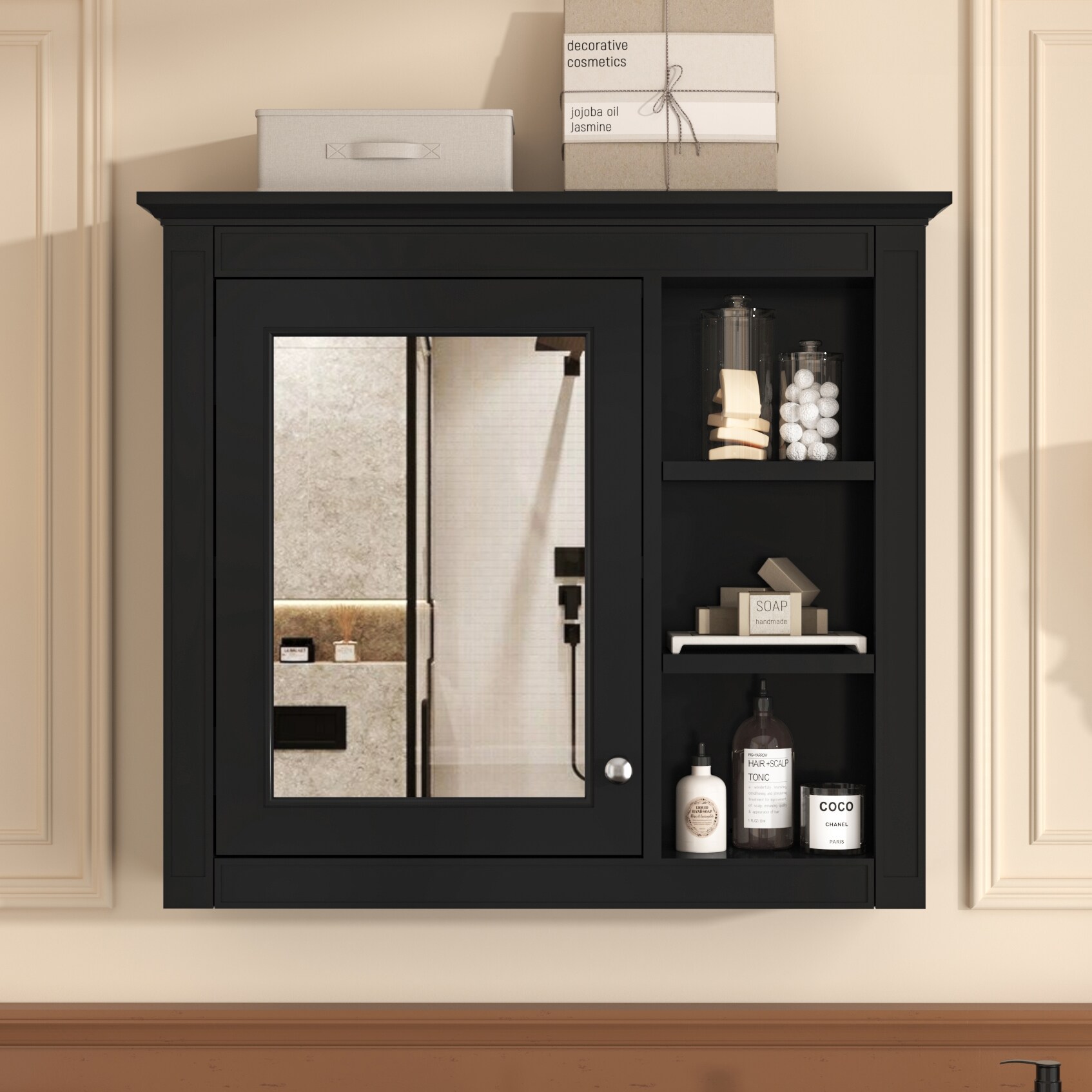 Hrinhom BA02-BLACK 30-in x 28-in Surface Mount Black Mirrored Rectangle Medicine Cabinet