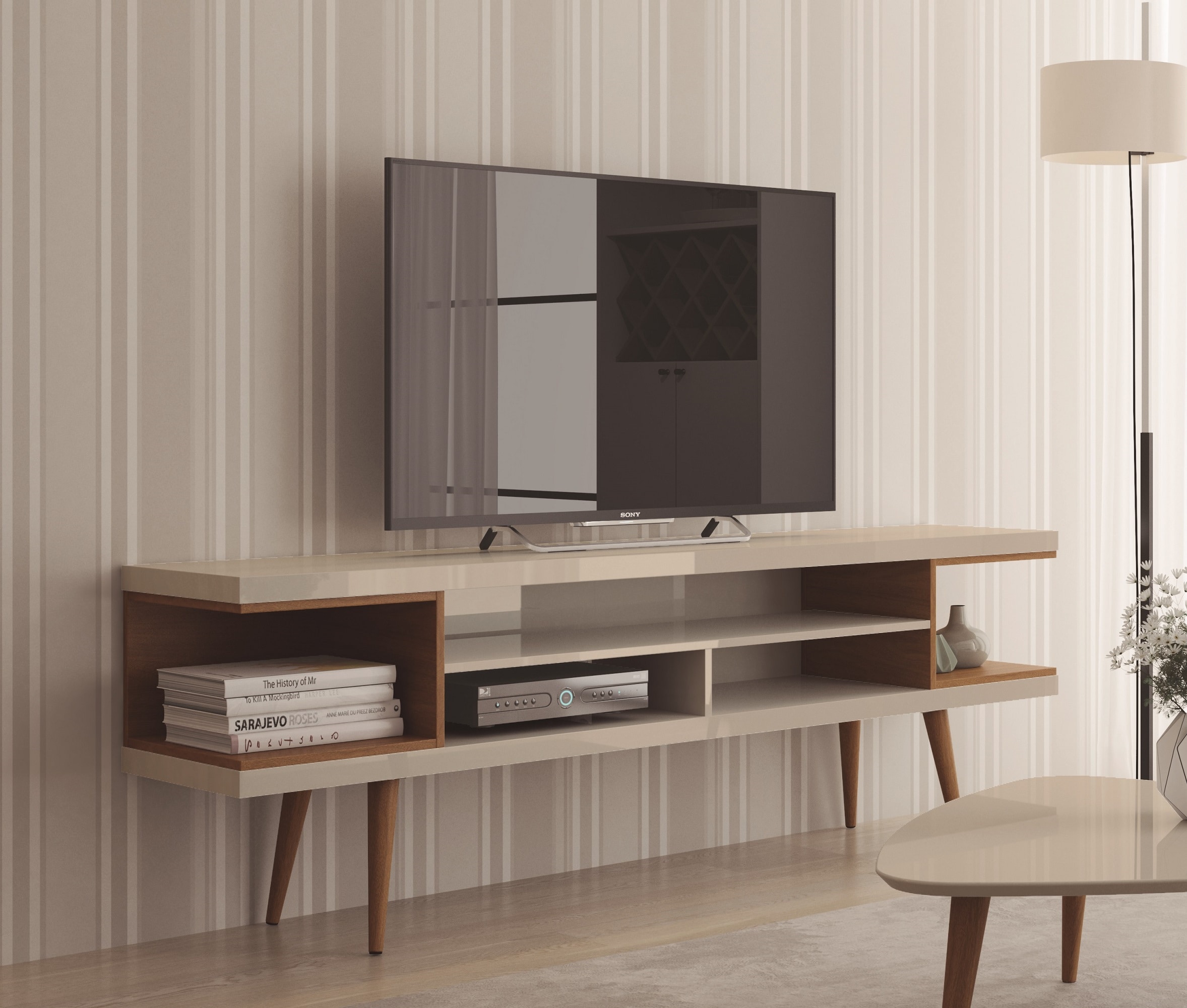 Manhattan Comfort 19751 Utopia Modern/Contemporary Off White and Maple Cream TV stand ( Accommodates TVs up to 70-in )