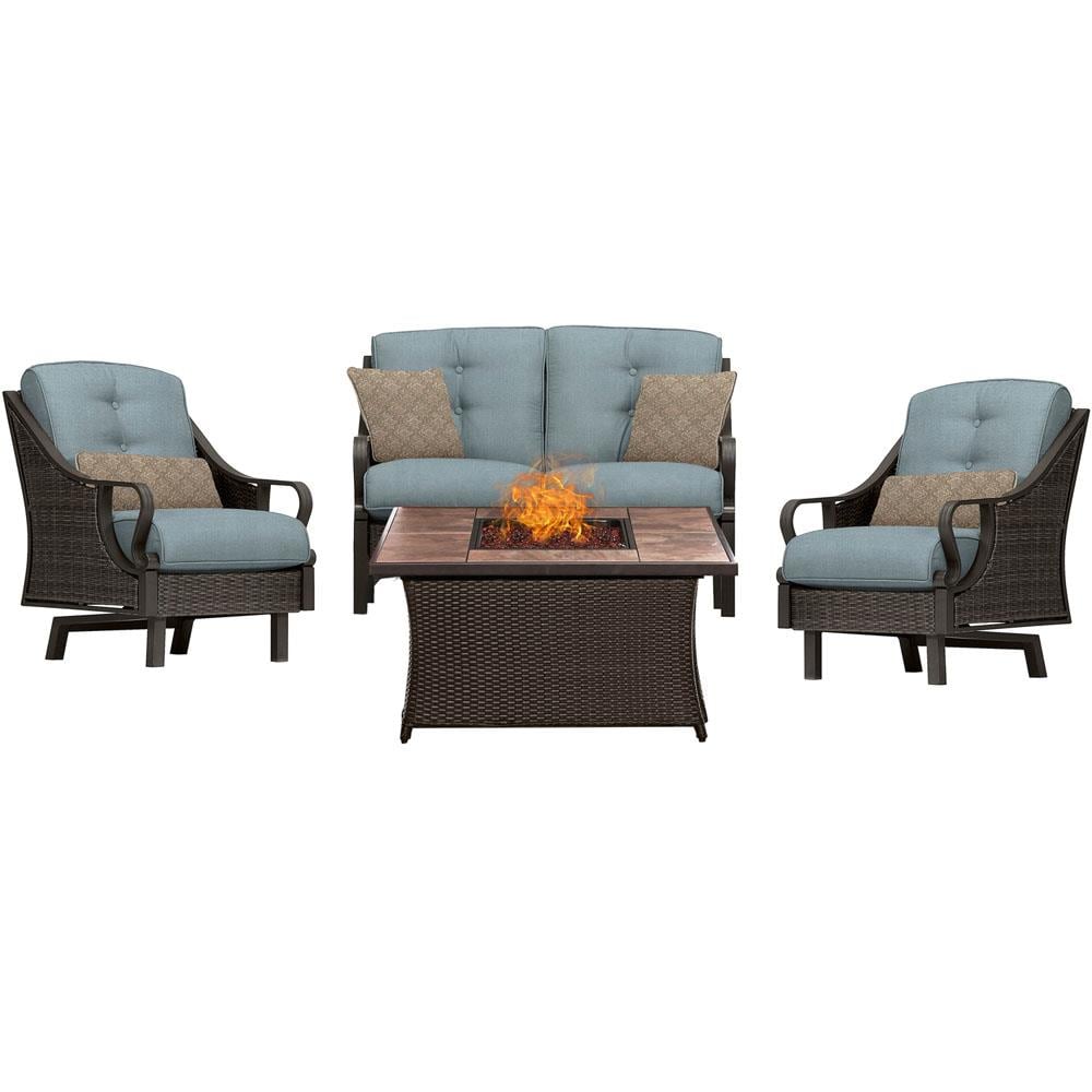 Hanover VEN4PCFP-BLU-TN Ventura 4-Piece Patio Conversation Set with Blue Cushions
